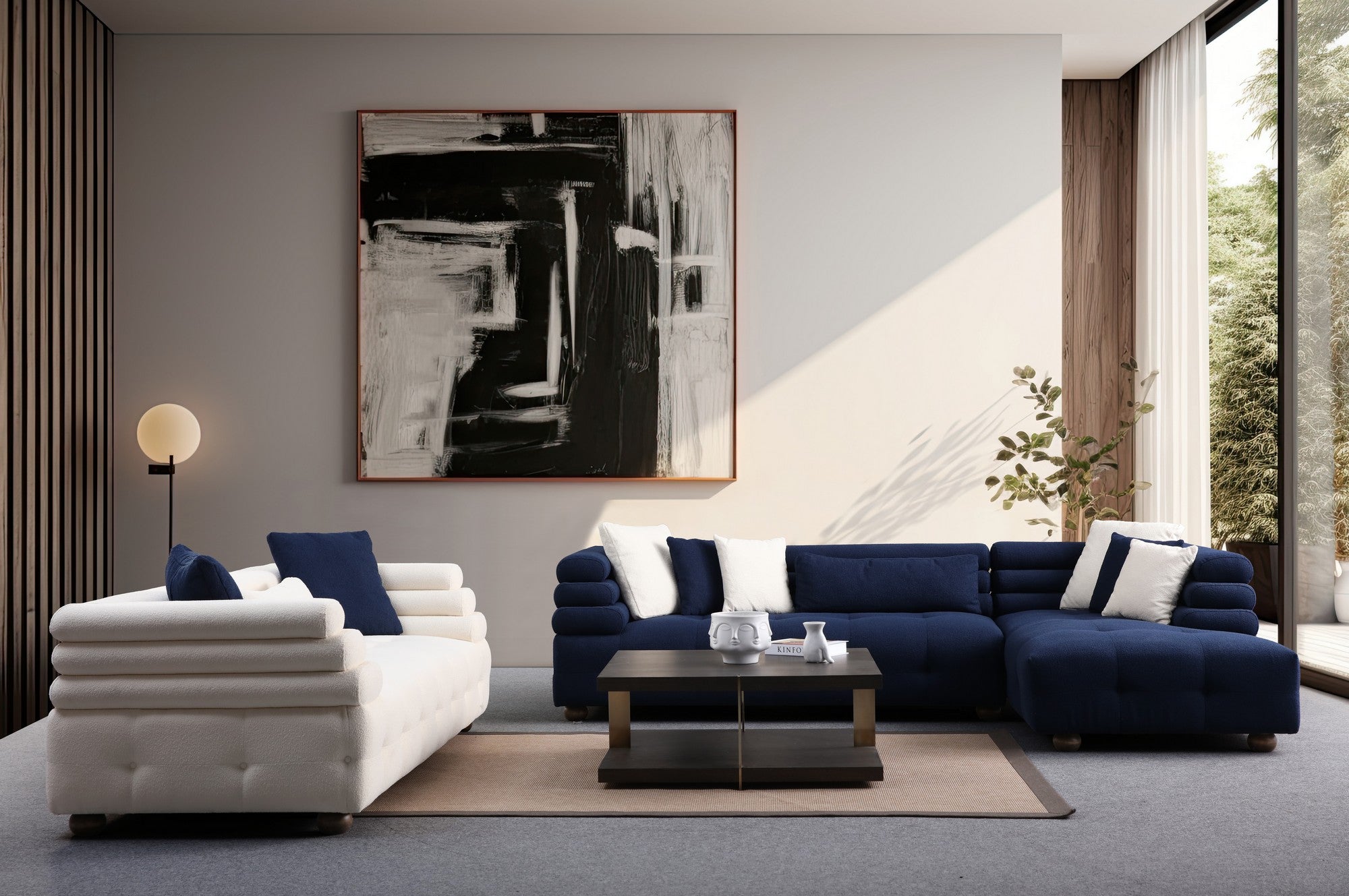 Sofá de canto elegante em azul-noite, 300 x 186 cm | Estrutura em madeira de faia e aglomerado, tecido 100% poliéster | Espuma macia e almofadas incluídas, perfeito para espaços modernos