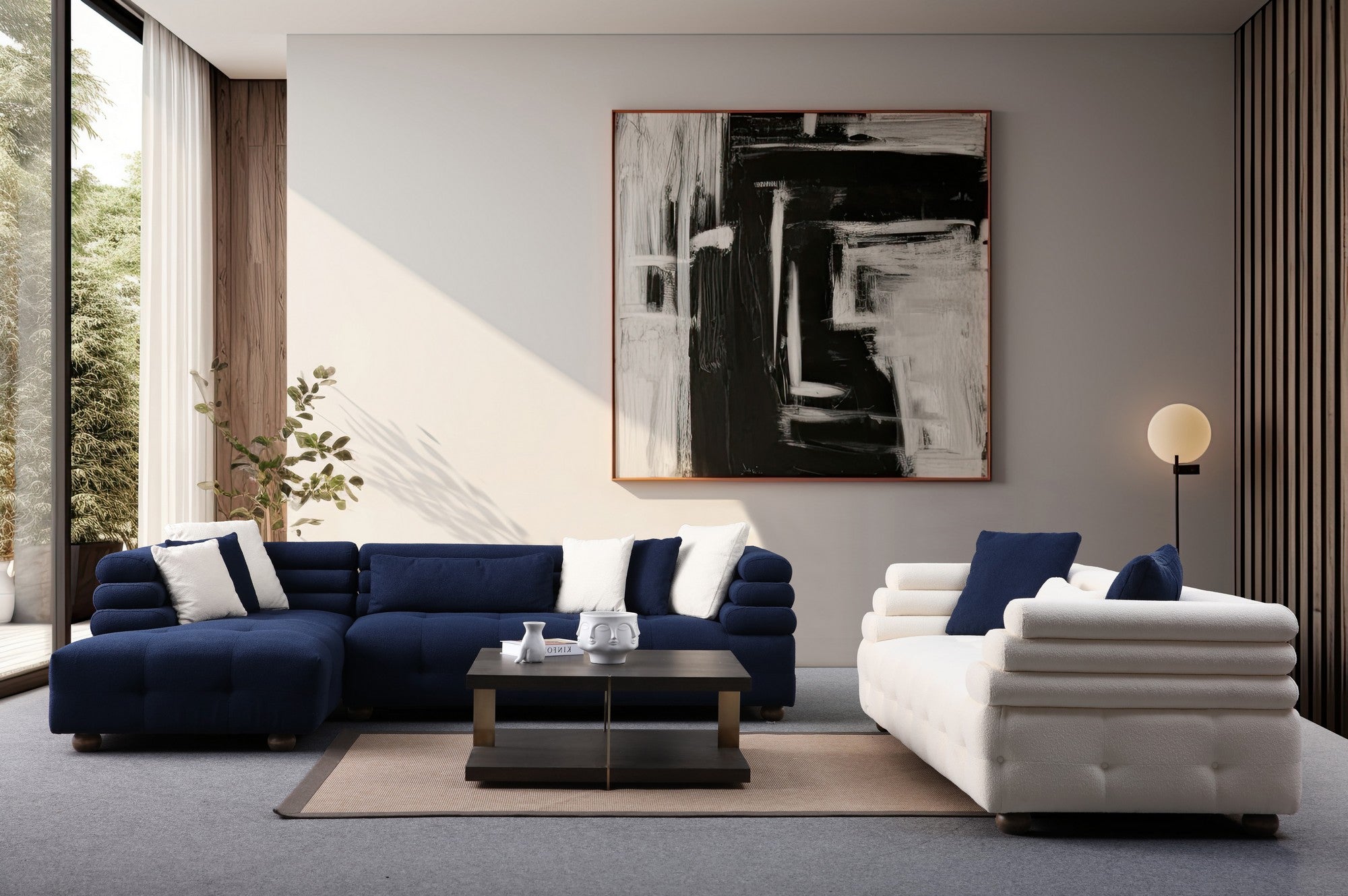 Sofá de canto elegante em azul-noite, 300 x 186 cm | Estrutura em madeira de faia e aglomerado, tecido 100% poliéster | Espuma macia e almofadas incluídas, perfeito para salas de estar modernas