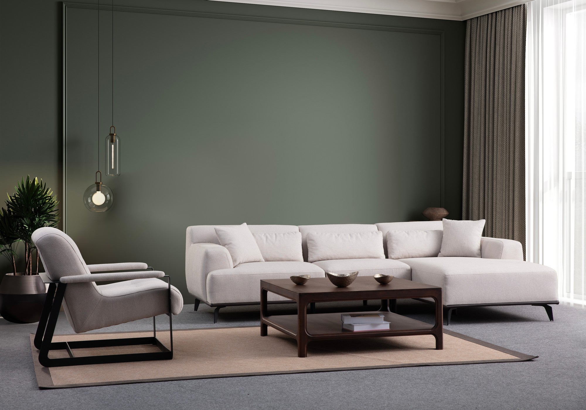 Sofá de canto elegante, branco, 280 x 160 cm | Estrutura de madeira de faia, tecido 100% poliéster, 5 almofadas incluídas | Design moderno com pernas de metal preto