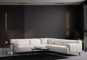 Sofá de Canto Elegante, Branco, 275 x 275 x 75 cm | Estrutura em Madeira de Faia, Tecido 100% Poliéster, 5 Almofadas, Pés em Metal Preto | Perfeito para Espaços Modernos