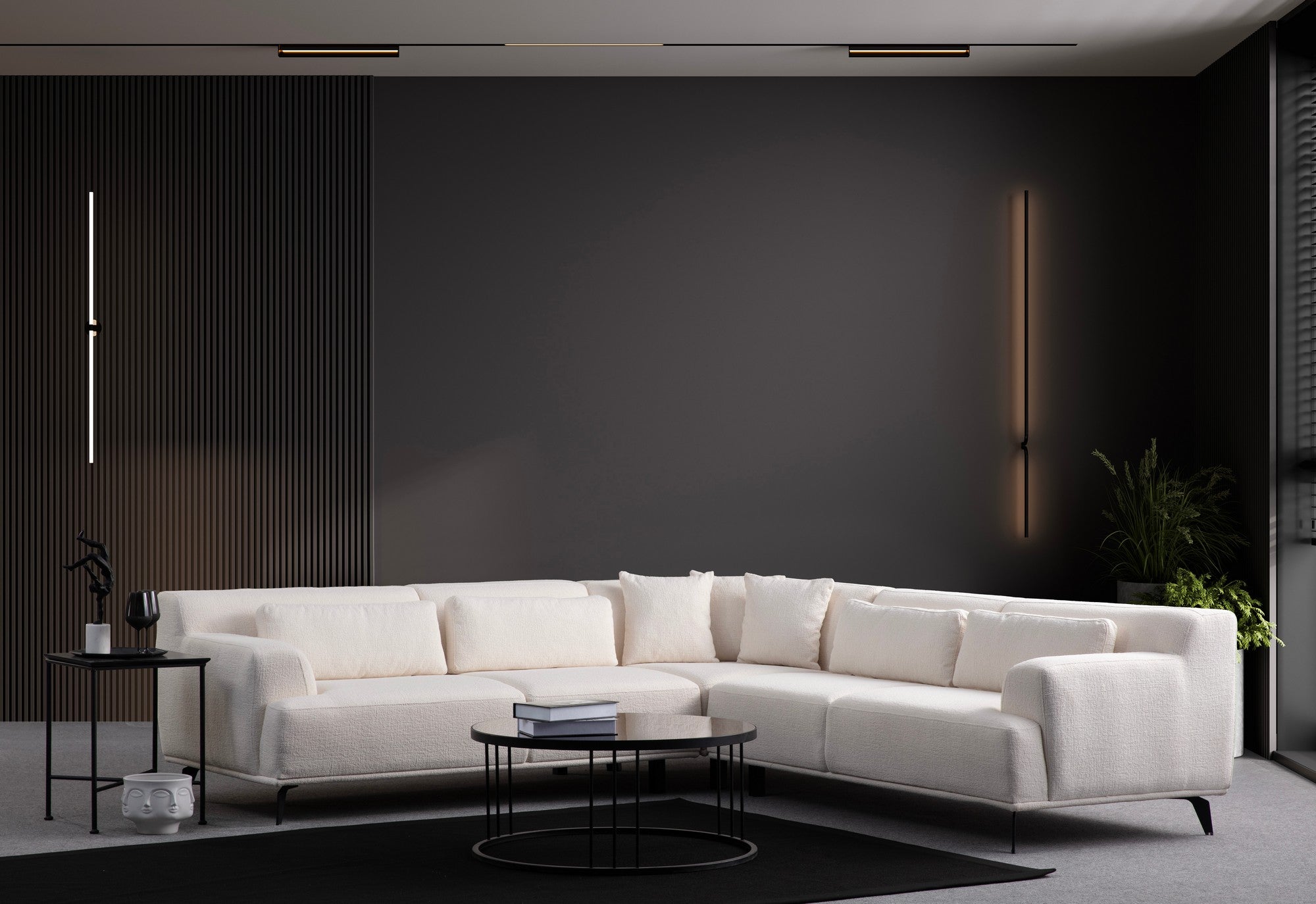 Sofá de Canto Elegante, Branco, 275 x 275 x 75 cm | Estrutura em Madeira de Faia, Tecido 100% Poliéster, 5 Almofadas, Pés em Metal Preto | Perfeito para Espaços Modernos
