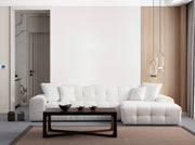 Sofá de canto elegante, branco, 316 x 165 cm | Estrutura em madeira de faia e aglomerado, tecido 100% poliéster | Espuma macia e 3 almofadas incluídas | Design moderno
