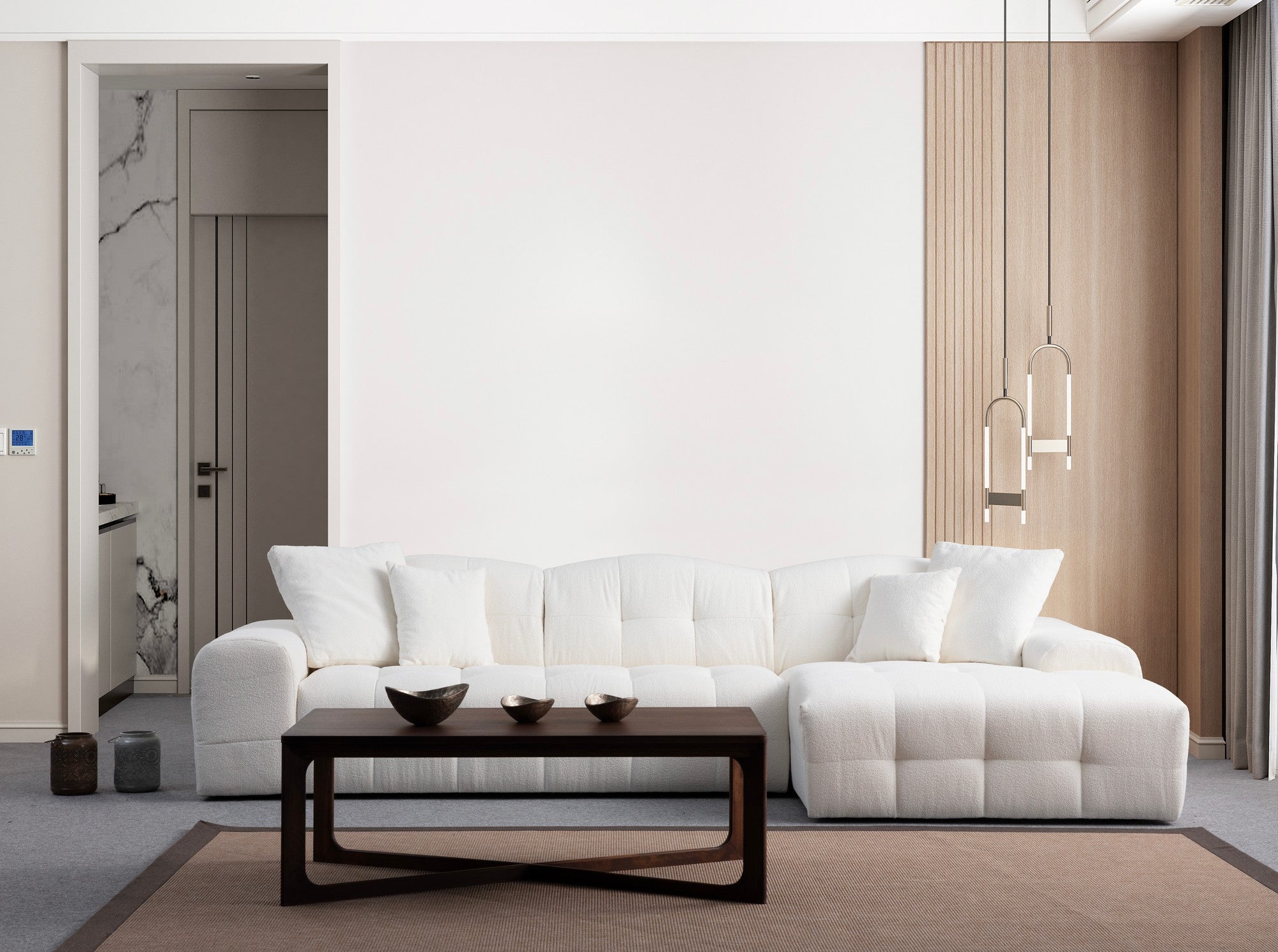 Sofá de canto elegante, branco, 316 x 165 cm | Estrutura em madeira de faia e aglomerado, tecido 100% poliéster | Espuma macia e 3 almofadas incluídas | Design moderno
