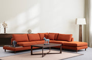 Sofá de canto laranja elegante, 314 x 275 cm | Estrutura em madeira de faia e aglomerado, tecido 100% poliéster | Inclui 2 almofadas, pernas de nogueira | Conforto moderno