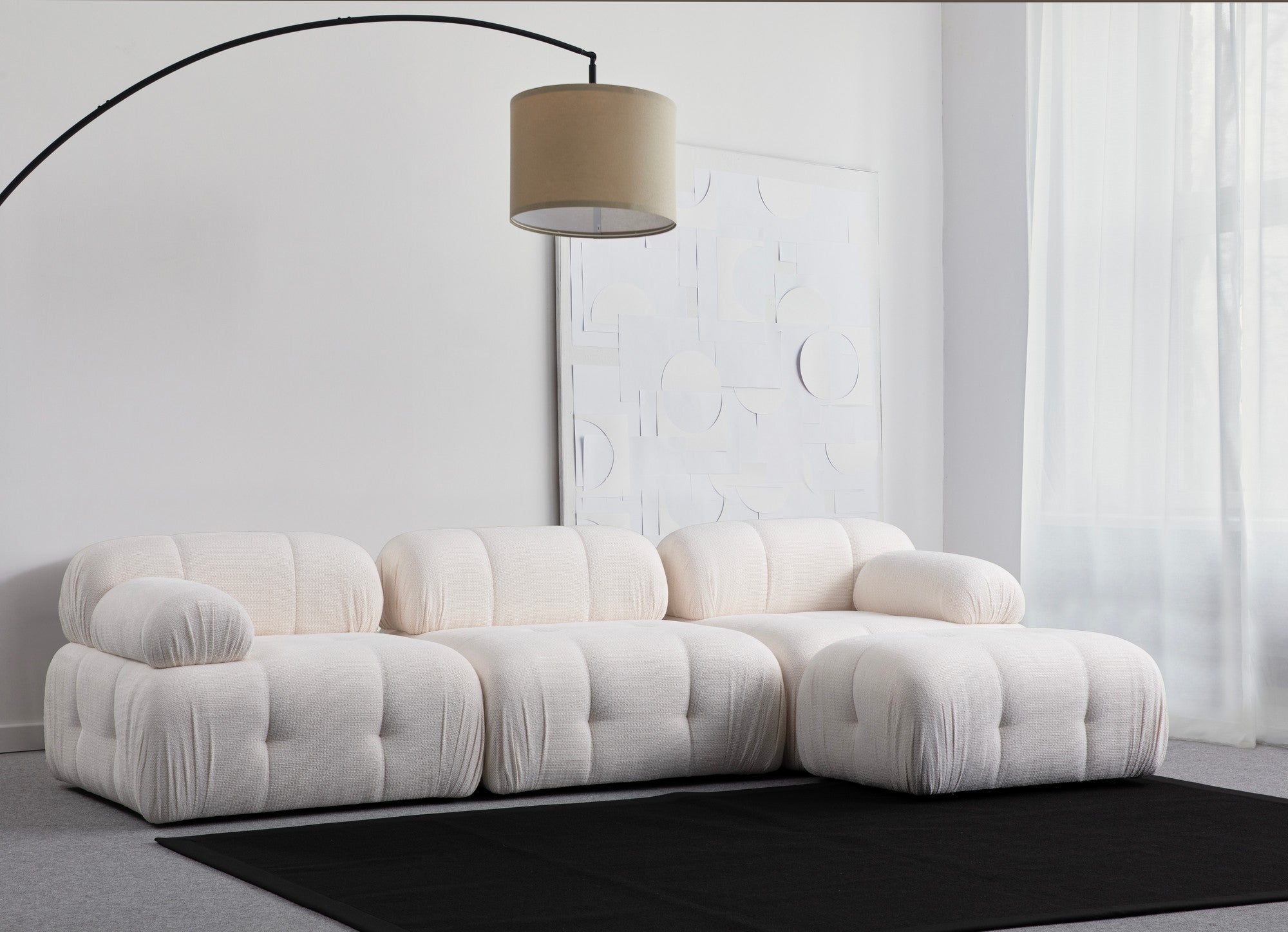 Sofá de canto branco elegante, estrutura de madeira de faia e aglomerado, 290 x 160 cm | Tecido 100% poliéster, espuma cinza macia | Design moderno para sala de estar