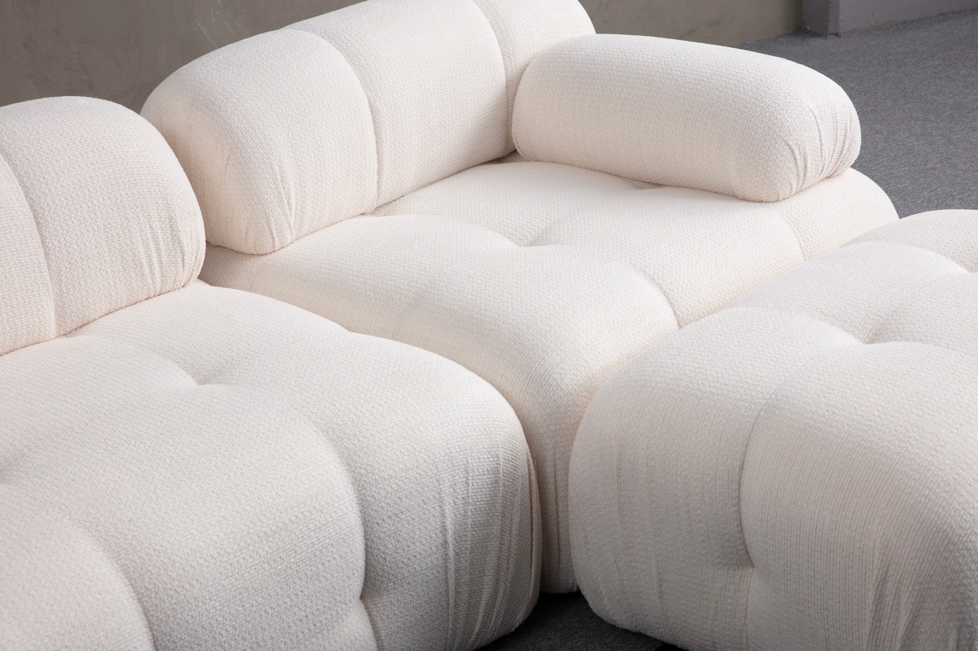 Sofá de canto branco elegante, estrutura de madeira de faia e aglomerado, 290 x 160 cm | Tecido 100% poliéster, espuma cinza macia | Design moderno para sala de estar