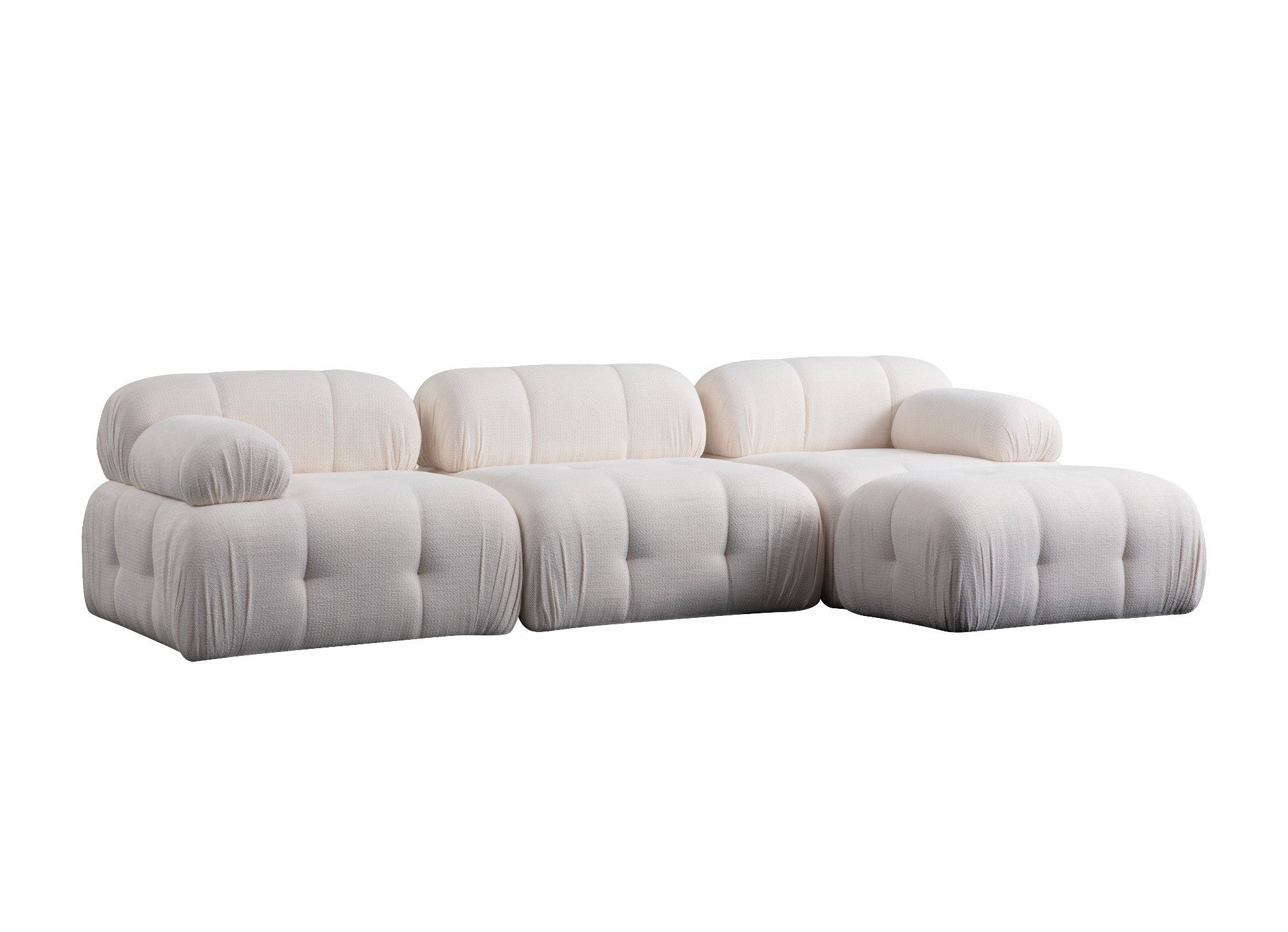 Sofá de canto branco elegante, estrutura de madeira de faia e aglomerado, 290 x 160 cm | Tecido 100% poliéster, espuma cinza macia | Design moderno para sala de estar