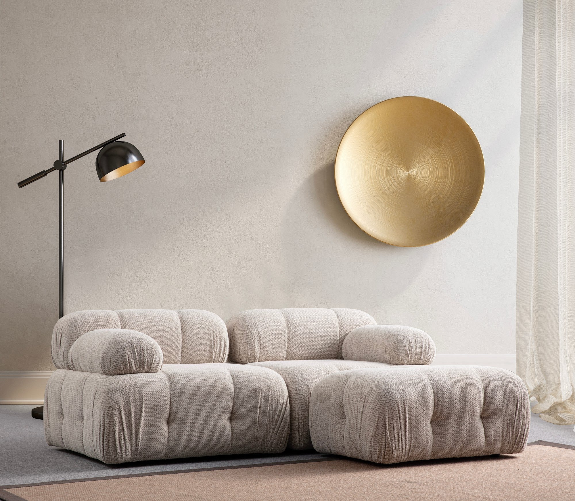 Sofá de canto elegante, cor creme, 190 x 160 cm | Estrutura em madeira de faia e aglomerado, tecido 100% poliéster | Espuma cinza macia para maior conforto, design moderno