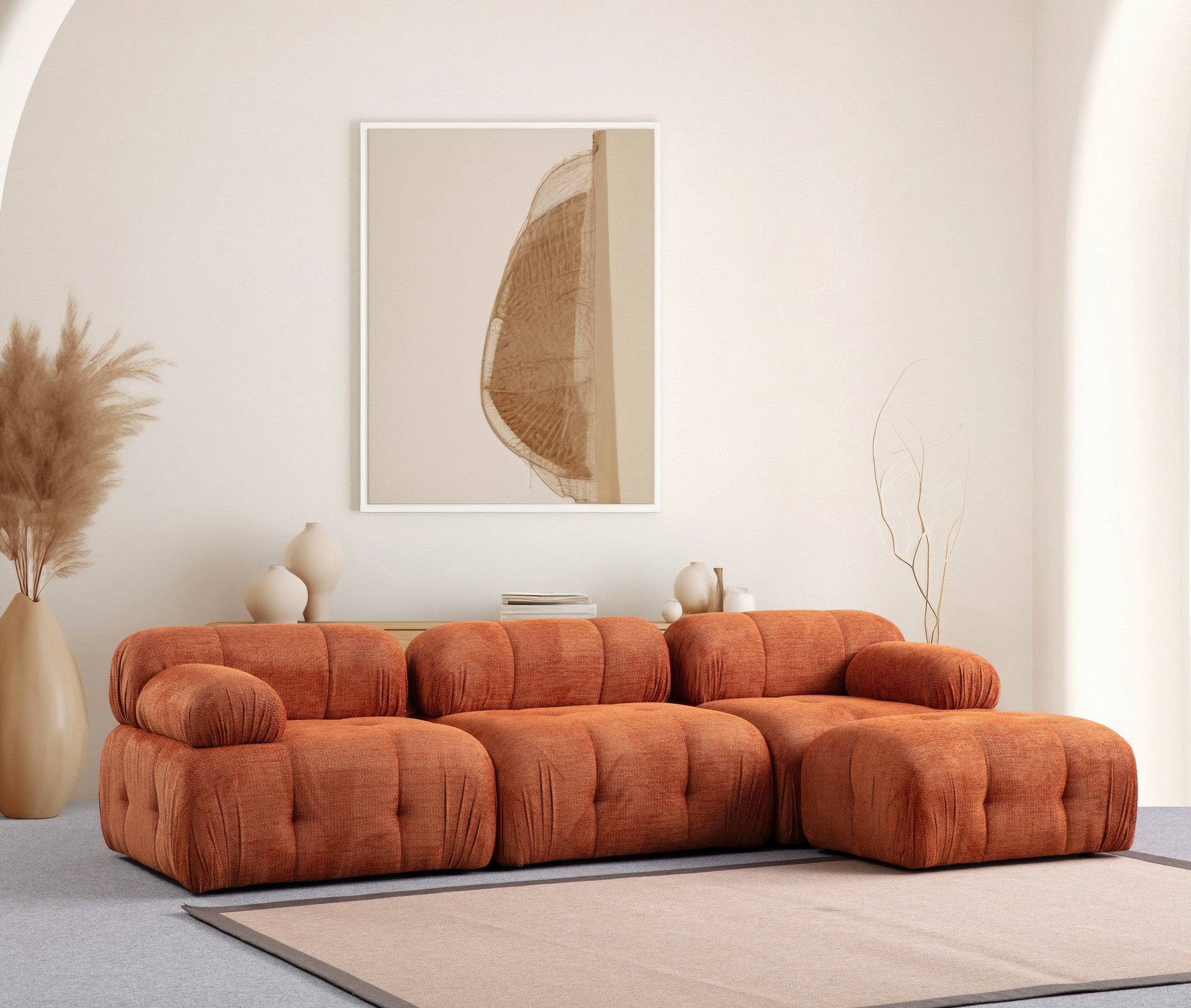 Sofá de canto laranja elegante, estrutura de madeira de faia e aglomerado, 290 x 160 cm | Tecido 100% poliéster, assento de espuma macia | Design moderno para salas de estar