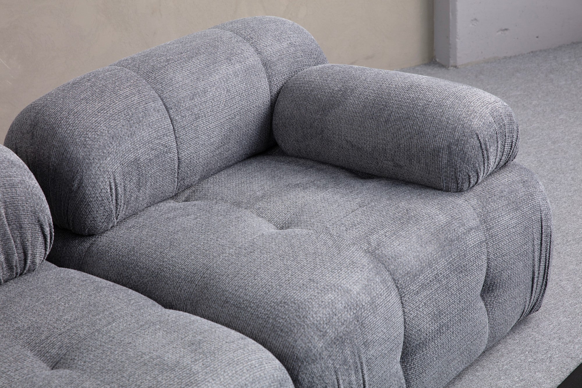 Sofá de canto elegante, cinza, 290 x 160 cm | Estrutura em madeira de faia e aglomerado, tecido 100% poliéster | Assentos de espuma macia, design moderno para sala de estar