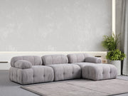 Sofá de canto elegante, cinza claro, 290 x 160 cm | Estrutura em madeira de faia e aglomerado, tecido 100% poliéster | Assentos de espuma macia, design moderno para salas de estar