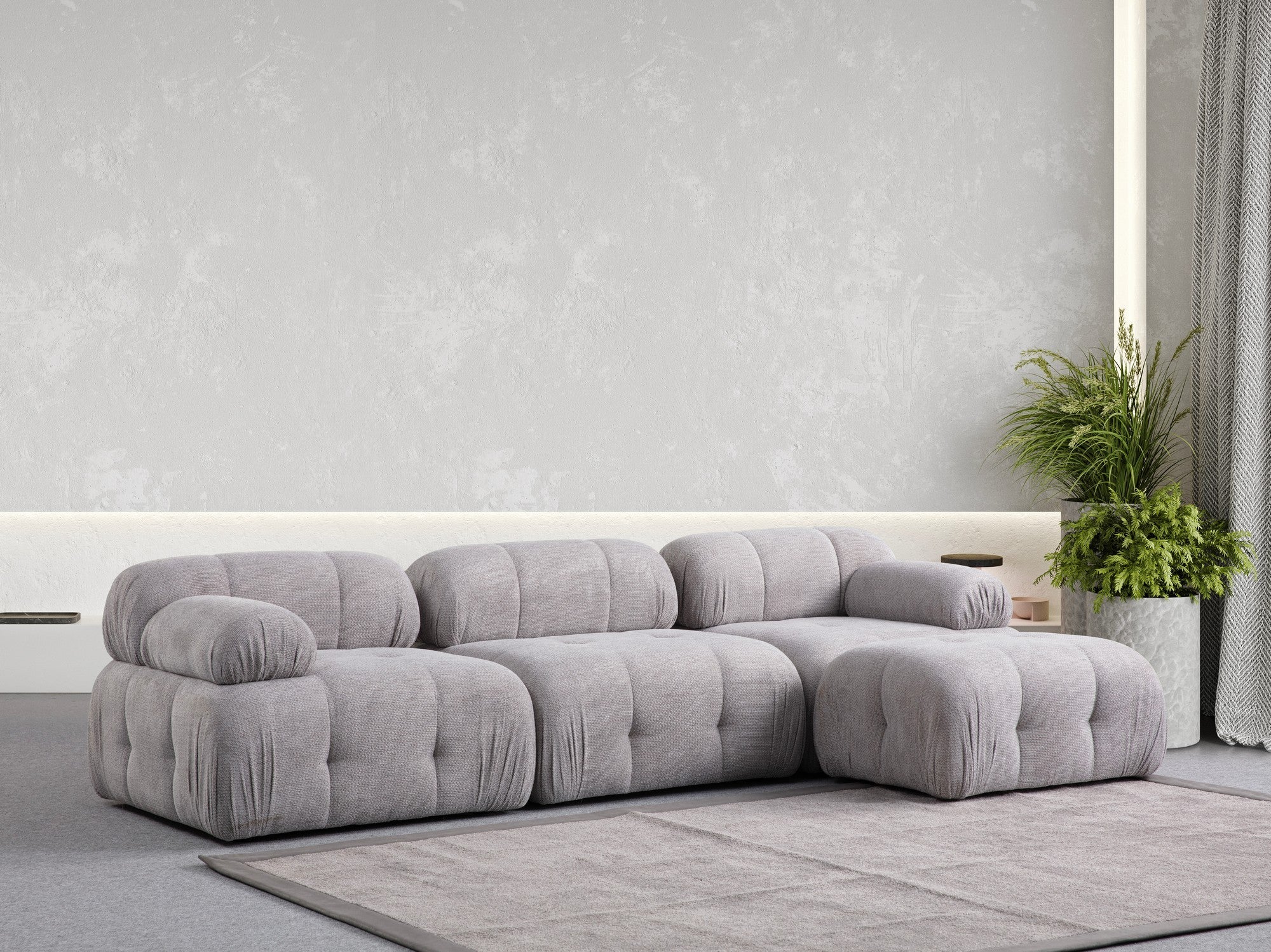 Sofá de canto elegante, cinza claro, 290 x 160 cm | Estrutura em madeira de faia e aglomerado, tecido 100% poliéster | Assentos de espuma macia, design moderno para salas de estar