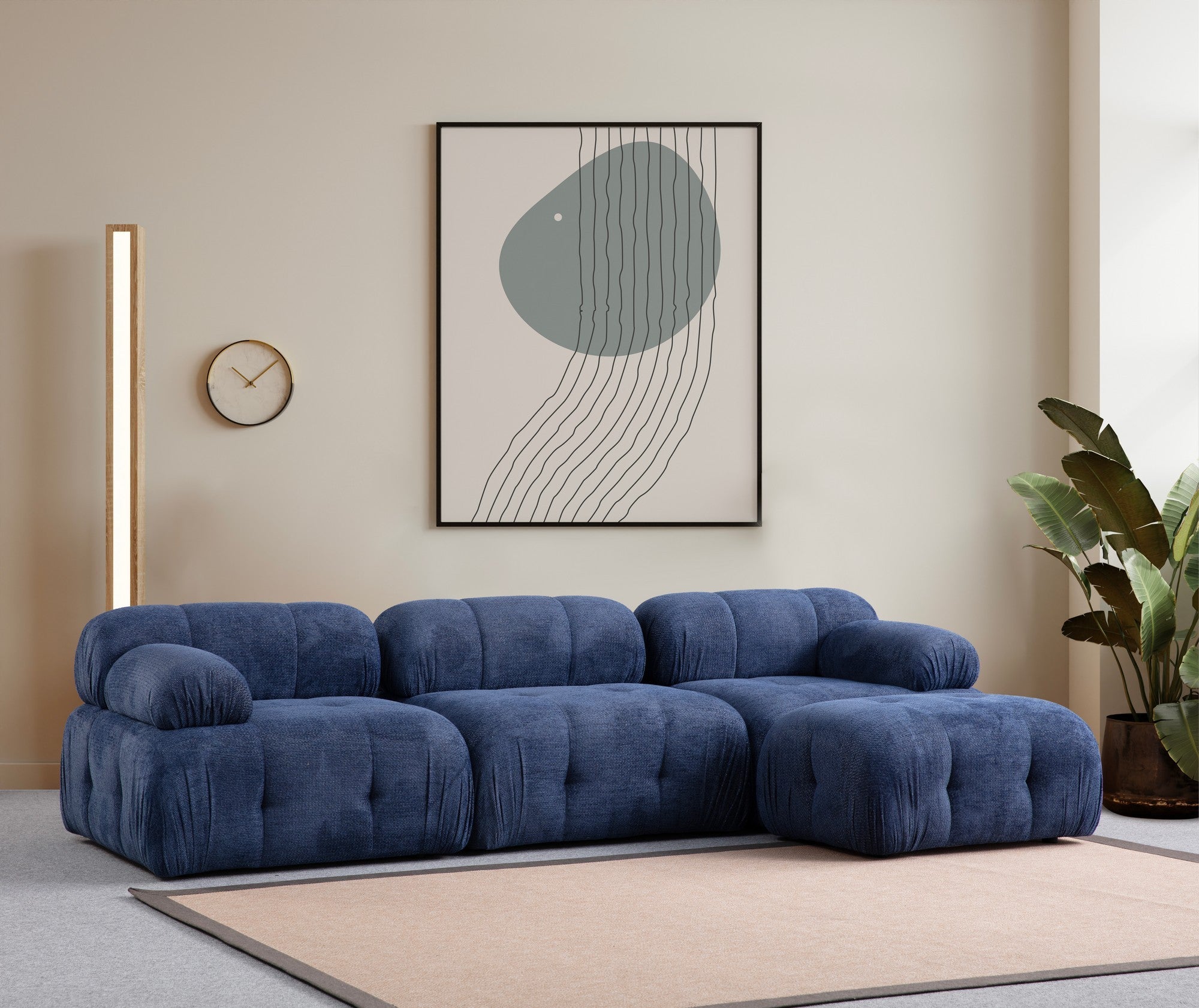 Sofá de canto elegante, azul-noite, 290 x 160 cm | Estrutura em madeira de faia e aglomerado, tecido 100% poliéster, assento em espuma macia | Design moderno para salas de estar
