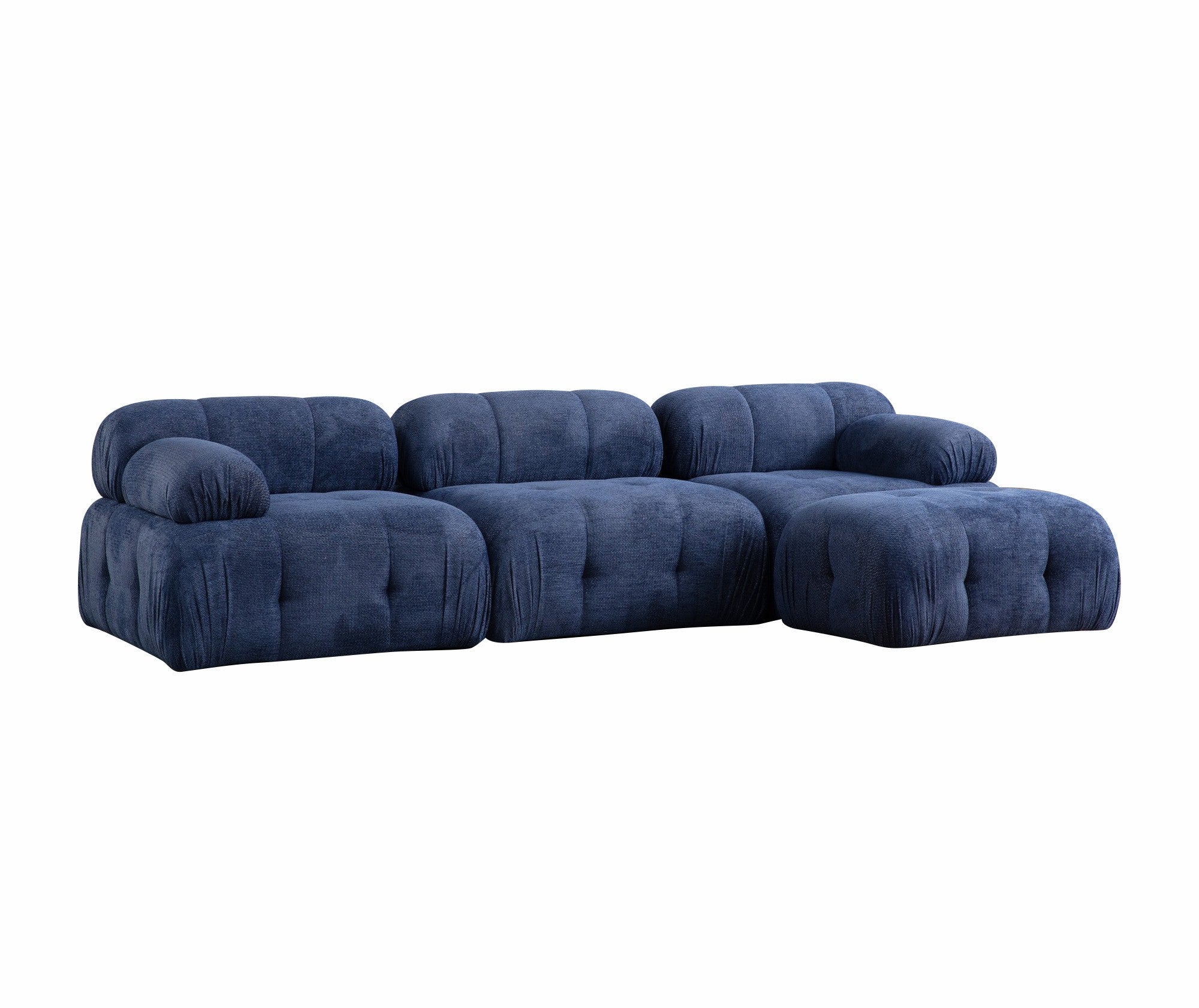 Sofá de canto elegante, azul-noite, 290 x 160 cm | Estrutura em madeira de faia e aglomerado, tecido 100% poliéster, assento em espuma macia | Design moderno para salas de estar