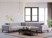 Sofá de canto elegante, cinza claro, 260 x 300 cm | Estrutura de madeira de faia, 100% poliéster, 3 almofadas incluídas | Pés de nogueira, perfeito para ambientes modernos