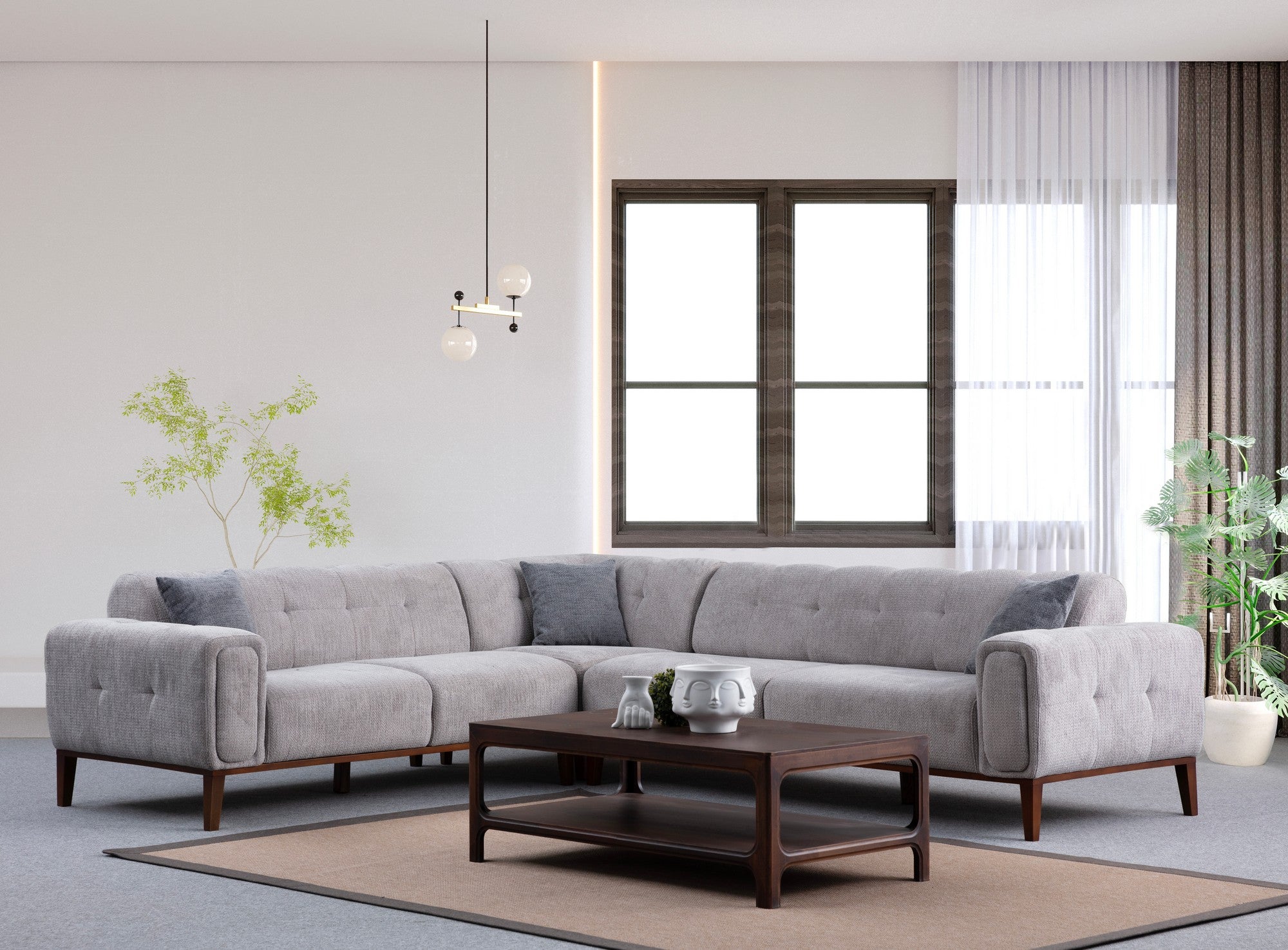 Sofá de canto elegante, cinza claro, 260 x 300 cm | Estrutura de madeira de faia, 100% poliéster, 3 almofadas incluídas | Pés de nogueira, perfeito para ambientes modernos