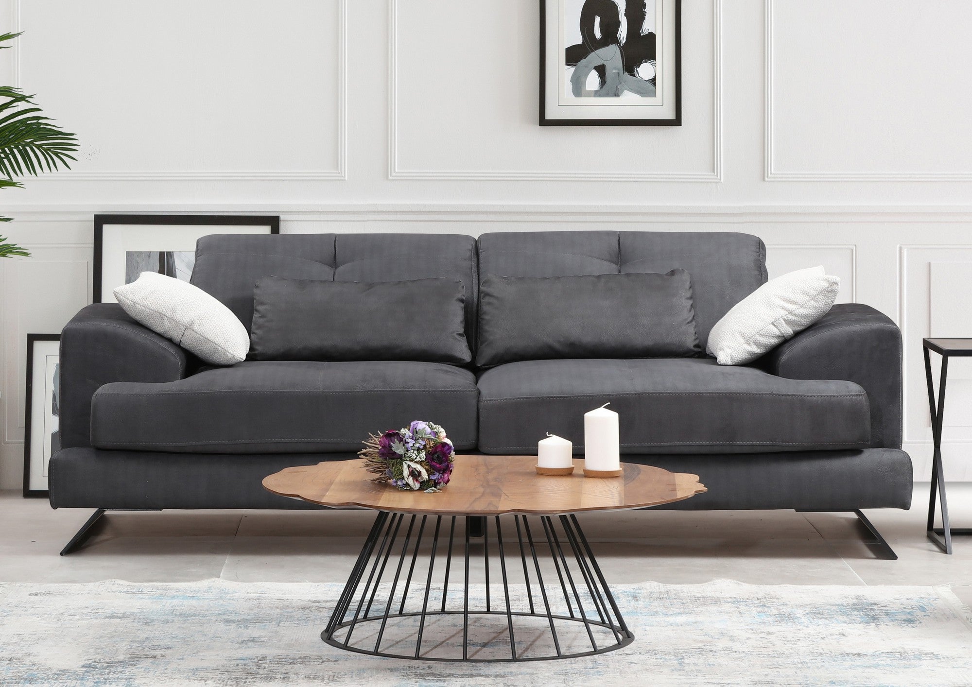 Sofá elegante de 3 lugares, antracite, 225 x 92 x 79 cm | Estrutura em madeira de faia, encosto ajustável, almofadas de espuma macia, tecido lavável a seco, design moderno