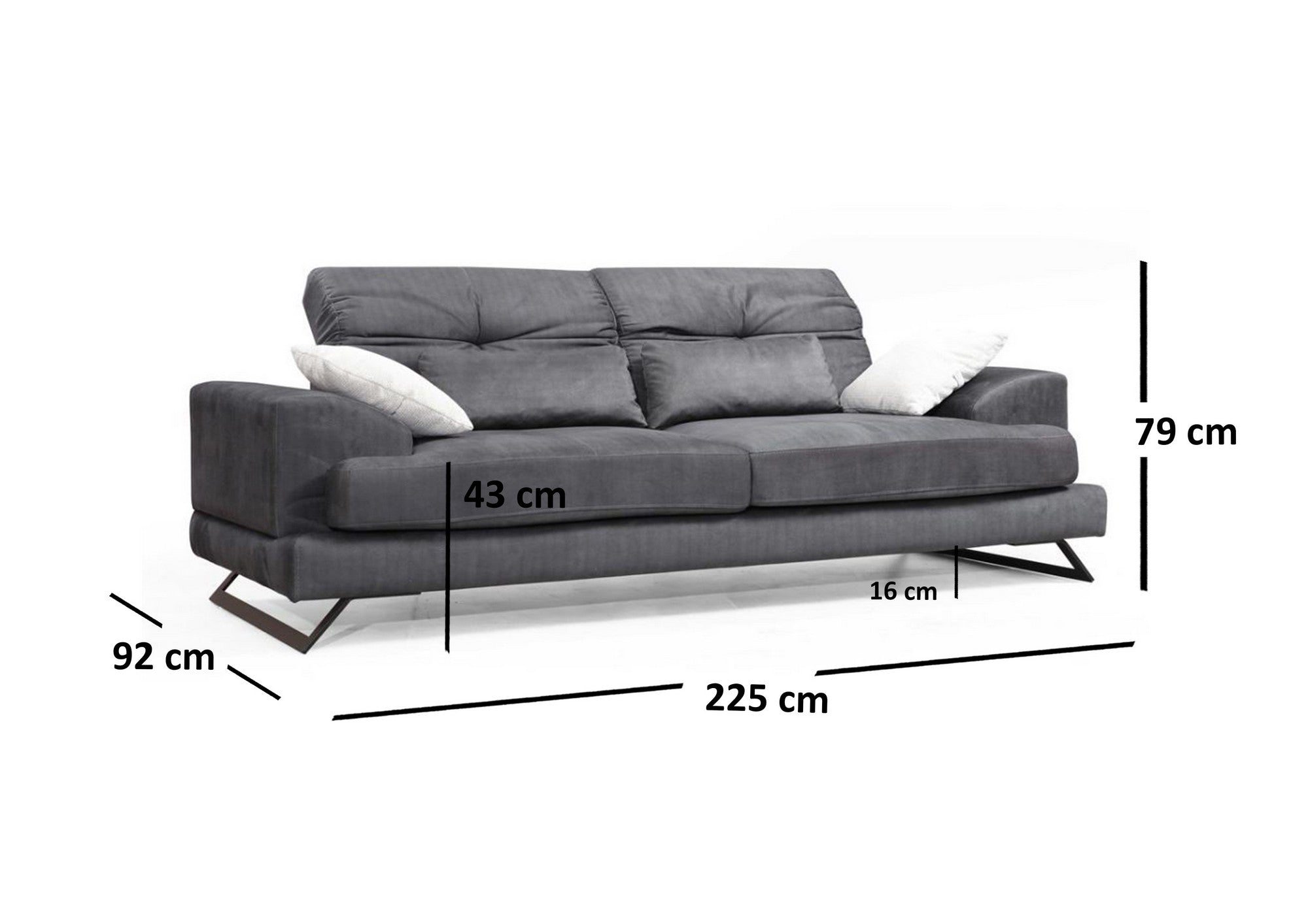 Sofá elegante de 3 lugares, antracite, 225 x 92 x 79 cm | Estrutura em madeira de faia, encosto ajustável, almofadas de espuma macia, tecido lavável a seco, design moderno