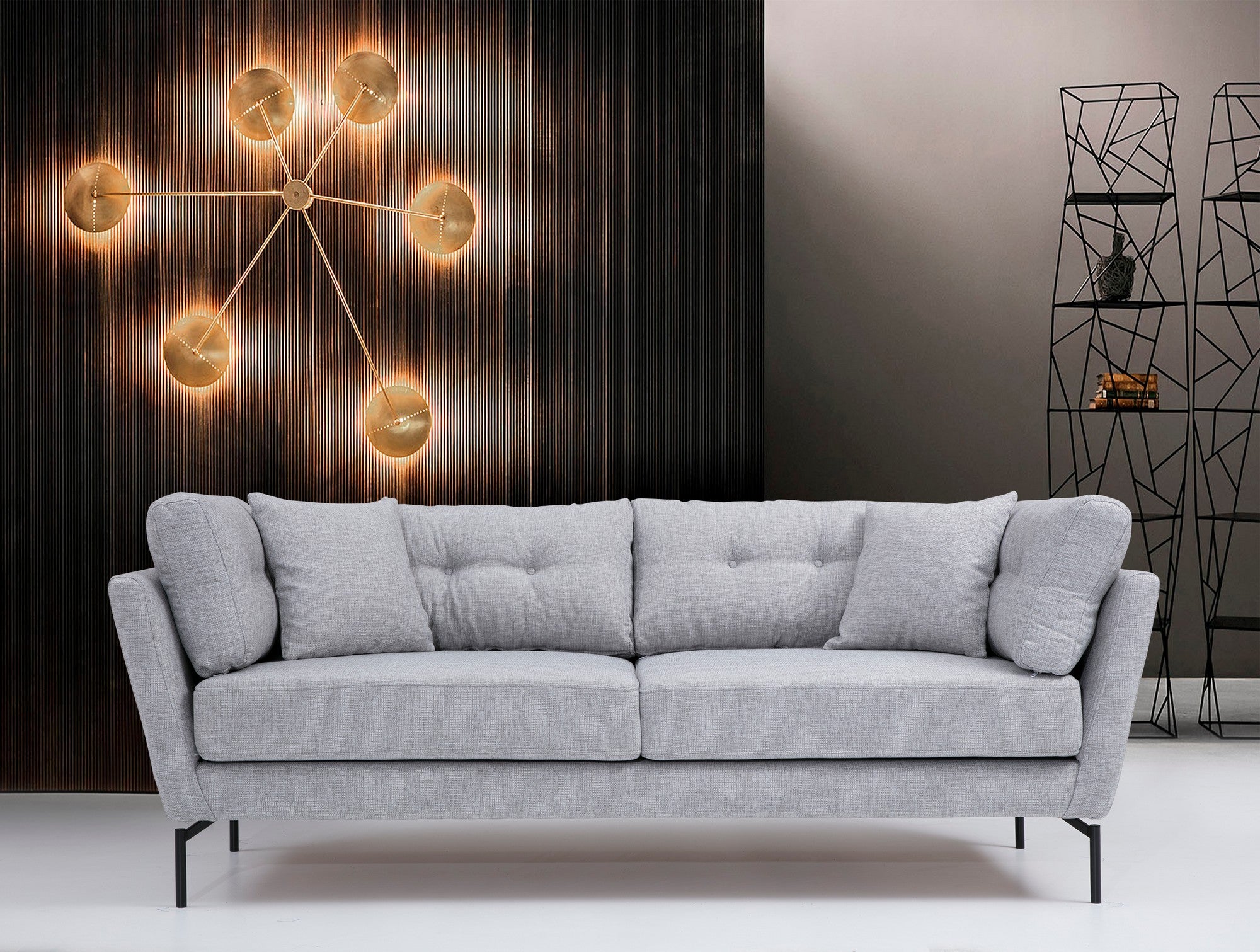 Sofá elegante de 3 lugares, cinza, 214 cm | Estrutura em madeira de faia e aglomerado, tecido de poliéster macio | Almofadas portáteis, pernas de metal preto fosco | Design industrial moderno