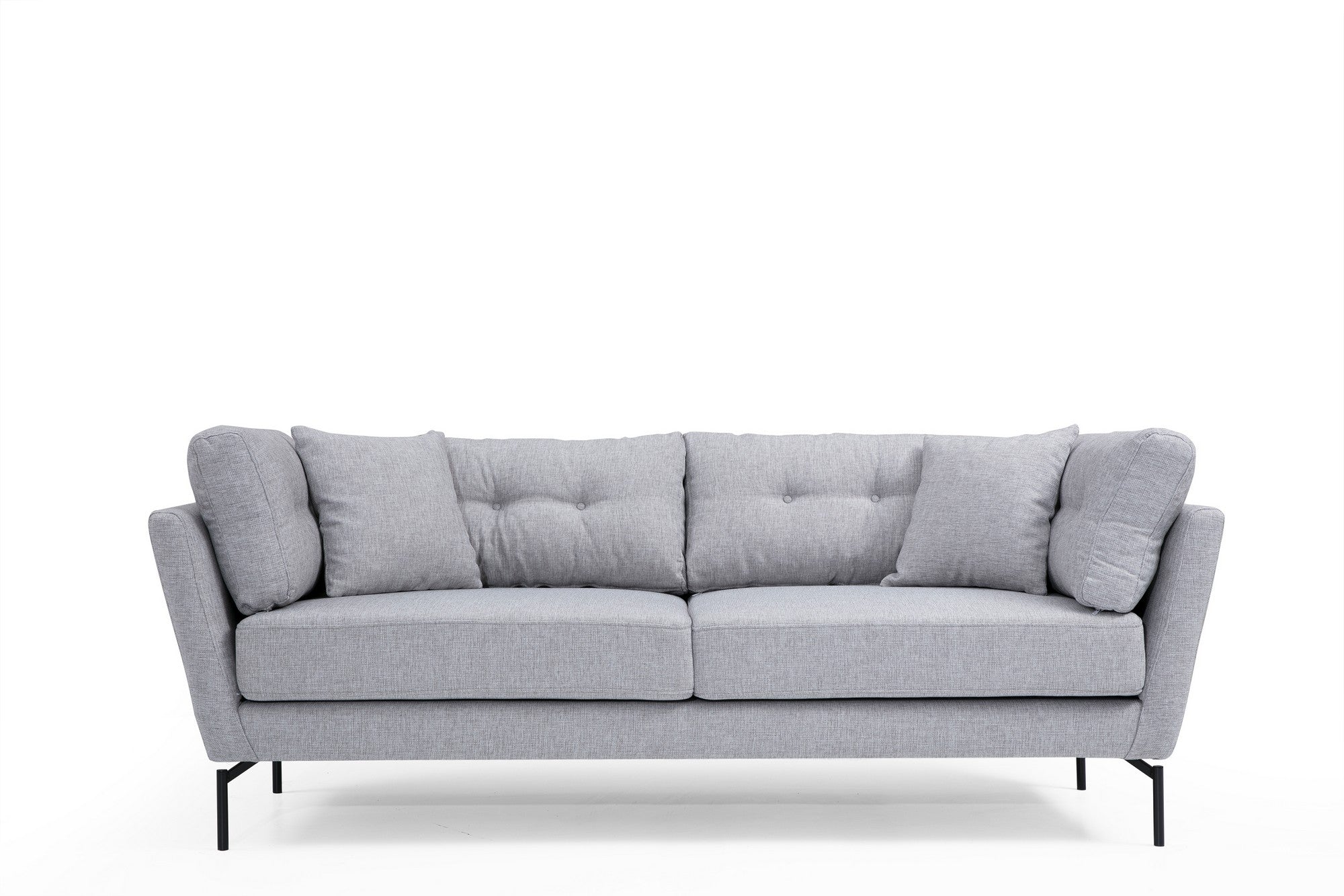 Sofá elegante de 3 lugares, cinza, 214 cm | Estrutura em madeira de faia e aglomerado, tecido de poliéster macio | Almofadas portáteis, pernas de metal preto fosco | Design industrial moderno