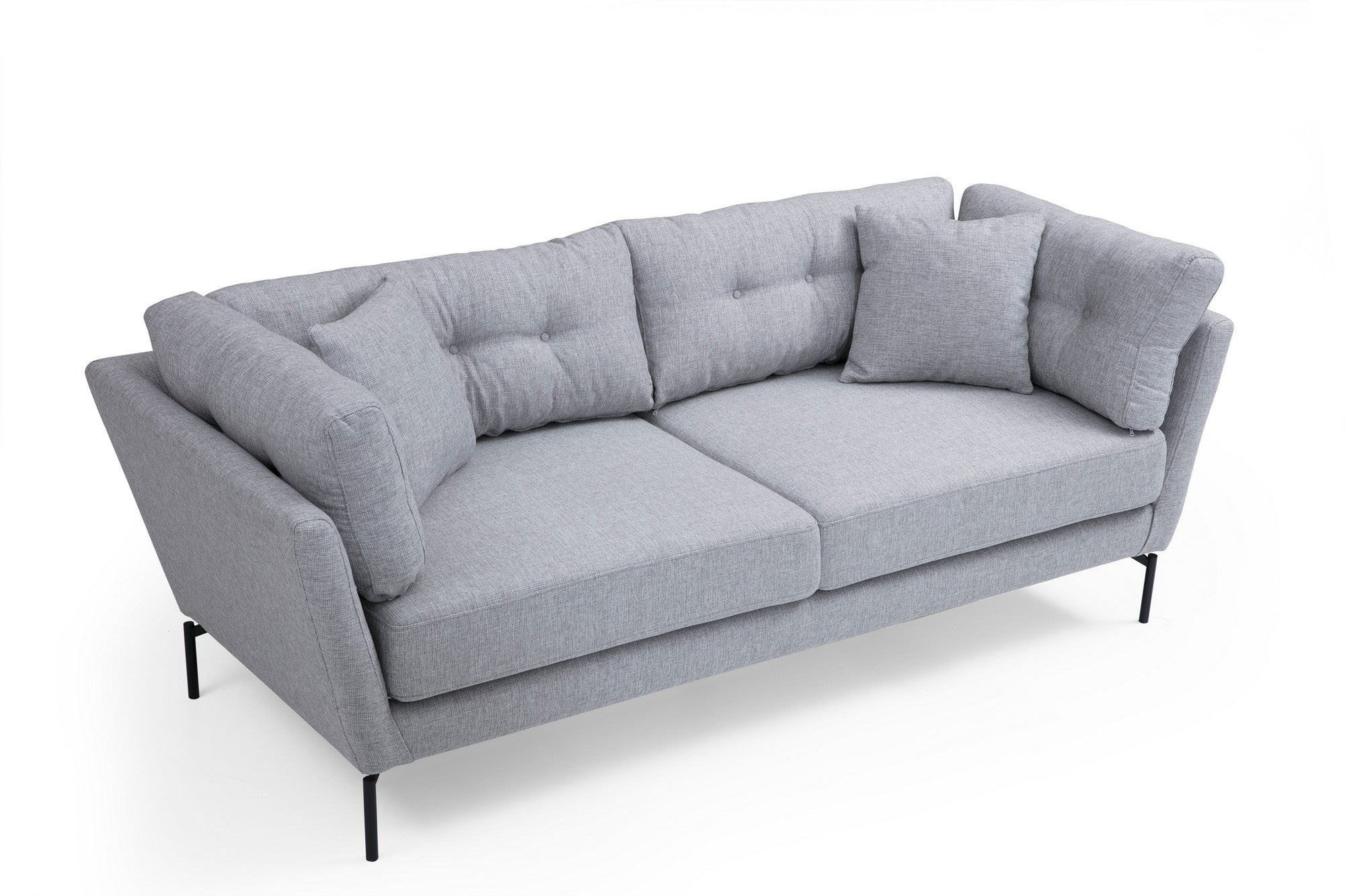 Sofá elegante de 3 lugares, cinza, 214 cm | Estrutura em madeira de faia e aglomerado, tecido de poliéster macio | Almofadas portáteis, pernas de metal preto fosco | Design industrial moderno