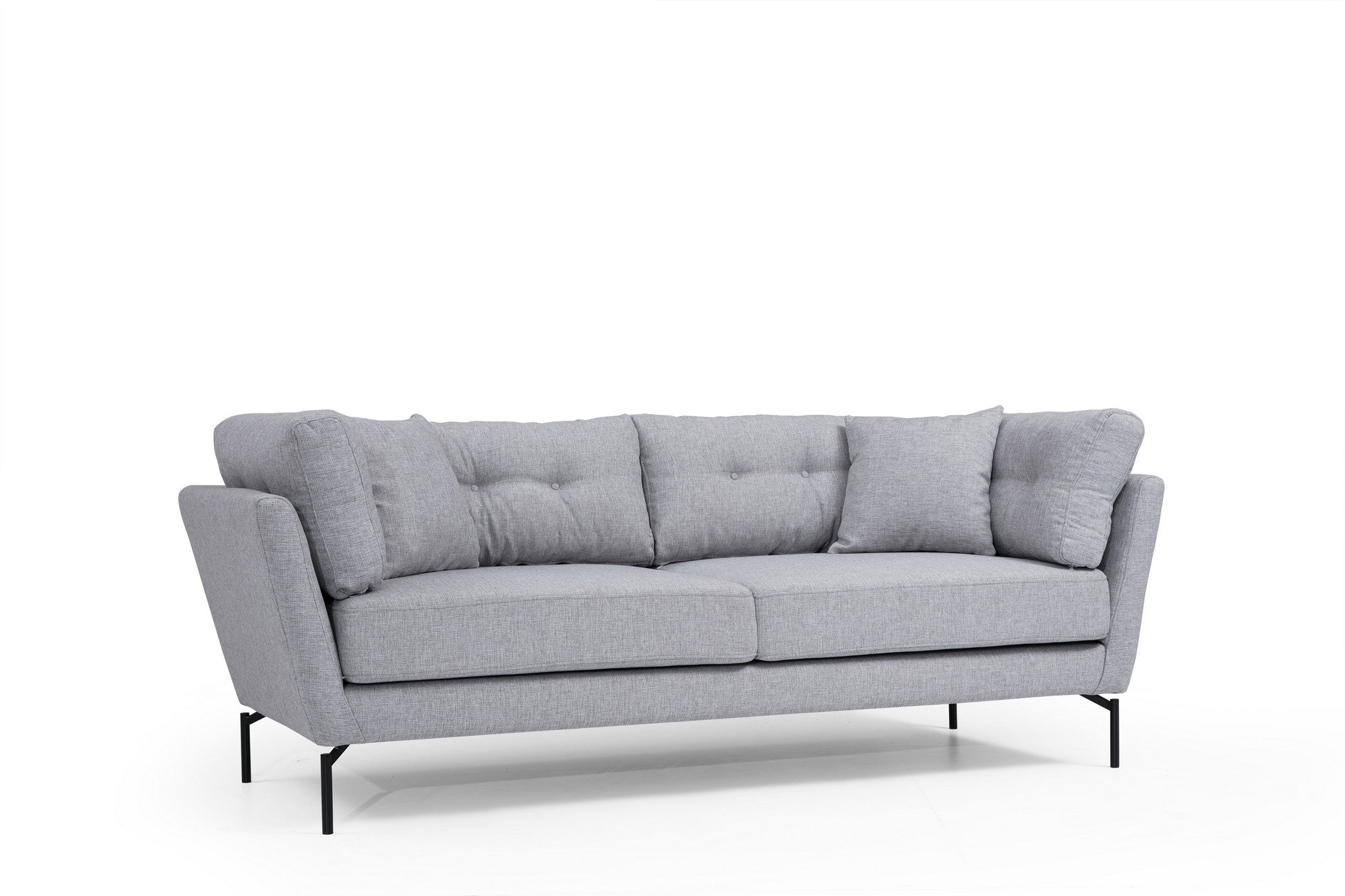 Sofá elegante de 3 lugares, cinza, 214 cm | Estrutura em madeira de faia e aglomerado, tecido de poliéster macio | Almofadas portáteis, pernas de metal preto fosco | Design industrial moderno