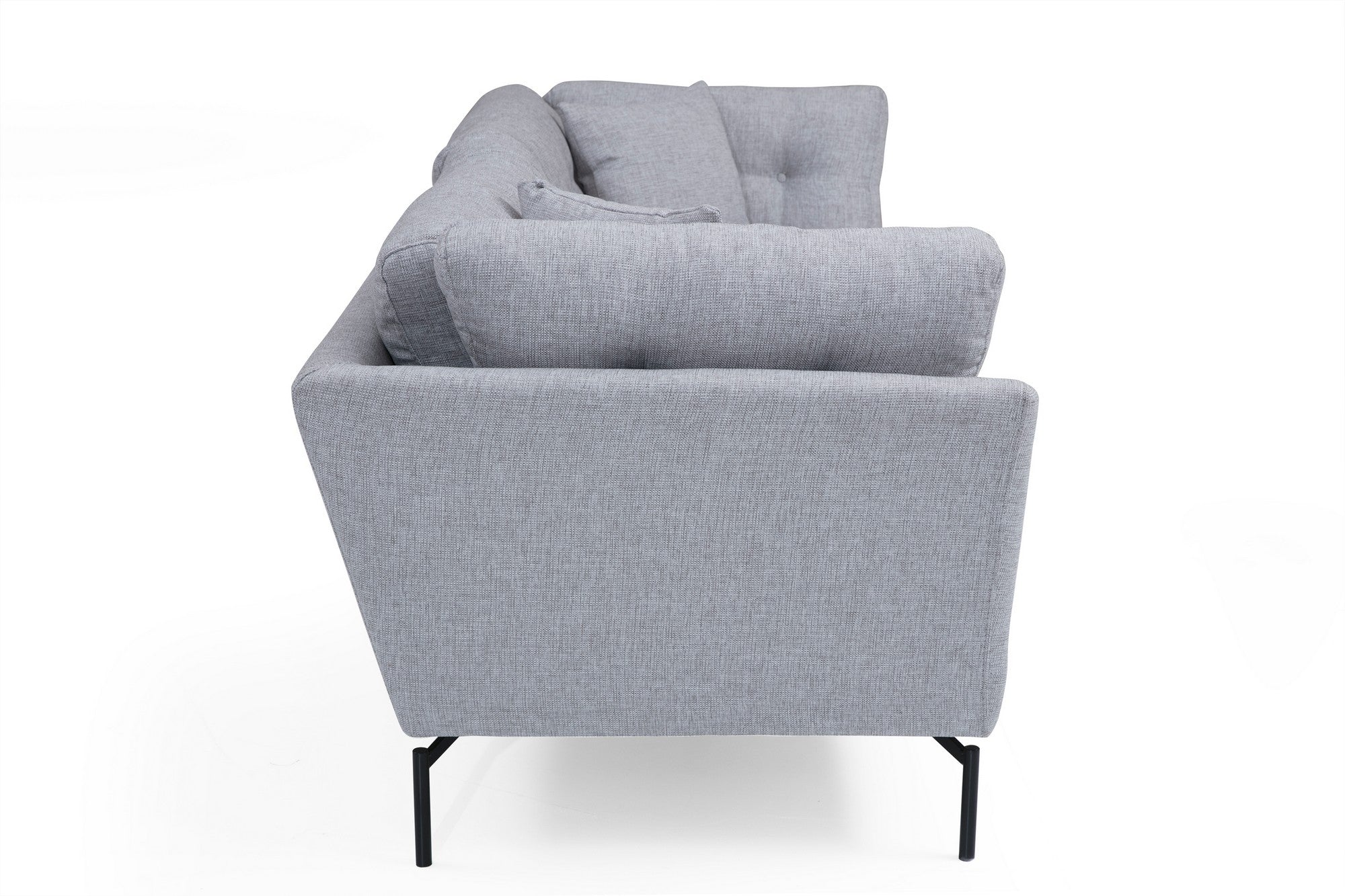 Sofá elegante de 3 lugares, cinza, 214 cm | Estrutura em madeira de faia e aglomerado, tecido de poliéster macio | Almofadas portáteis, pernas de metal preto fosco | Design industrial moderno