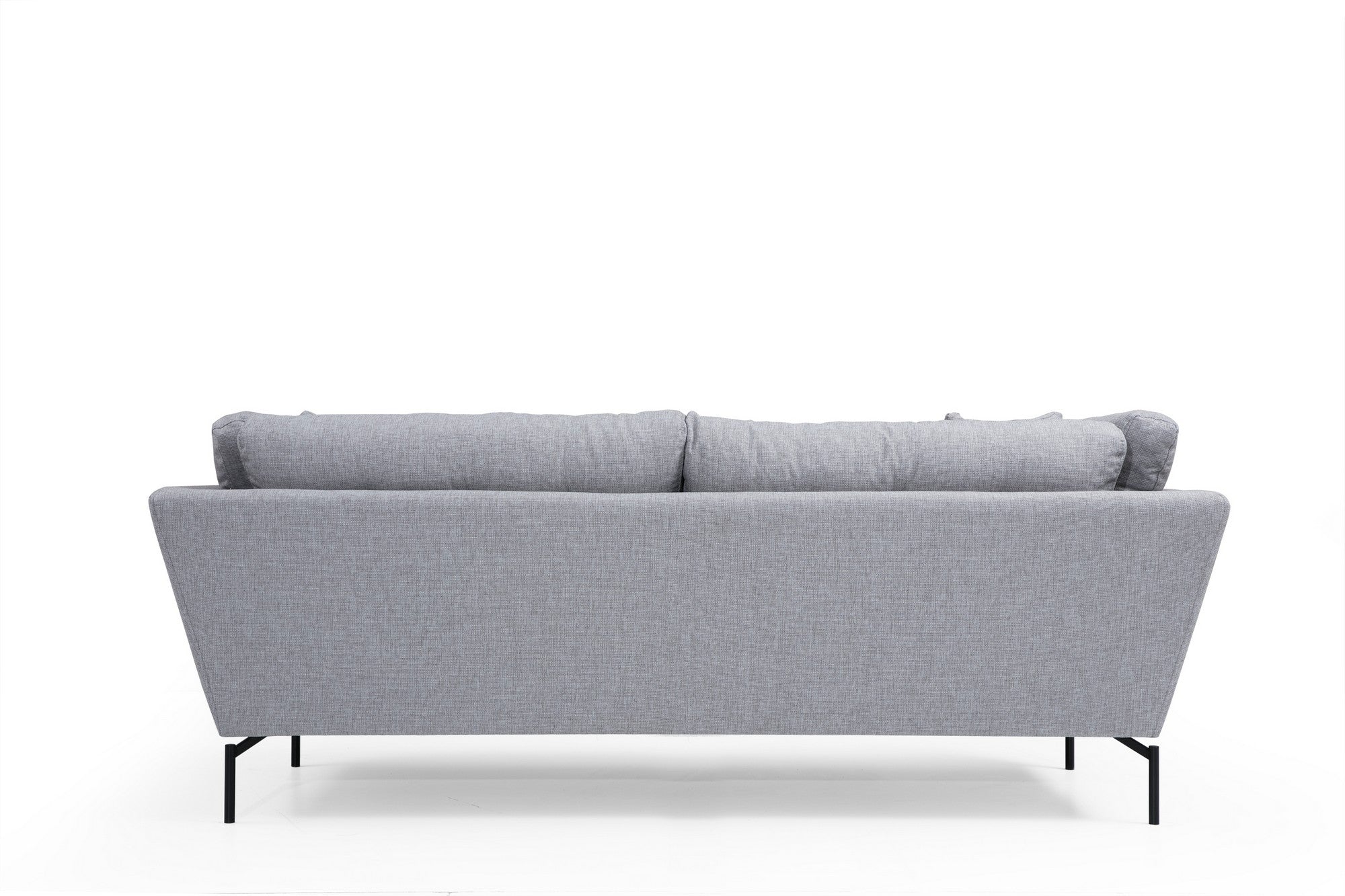 Sofá elegante de 3 lugares, cinza, 214 cm | Estrutura em madeira de faia e aglomerado, tecido de poliéster macio | Almofadas portáteis, pernas de metal preto fosco | Design industrial moderno
