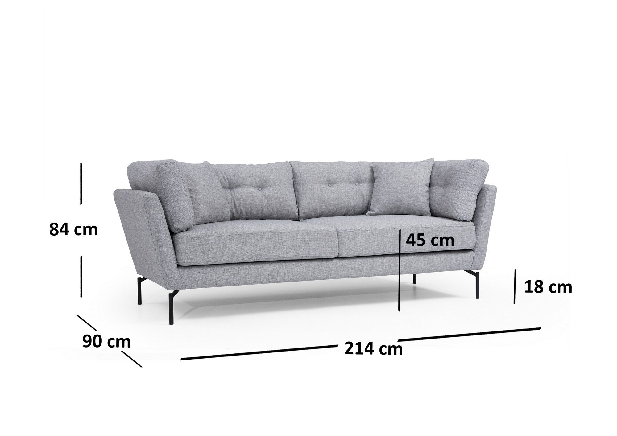 Sofá elegante de 3 lugares, cinza, 214 cm | Estrutura em madeira de faia e aglomerado, tecido de poliéster macio | Almofadas portáteis, pernas de metal preto fosco | Design industrial moderno