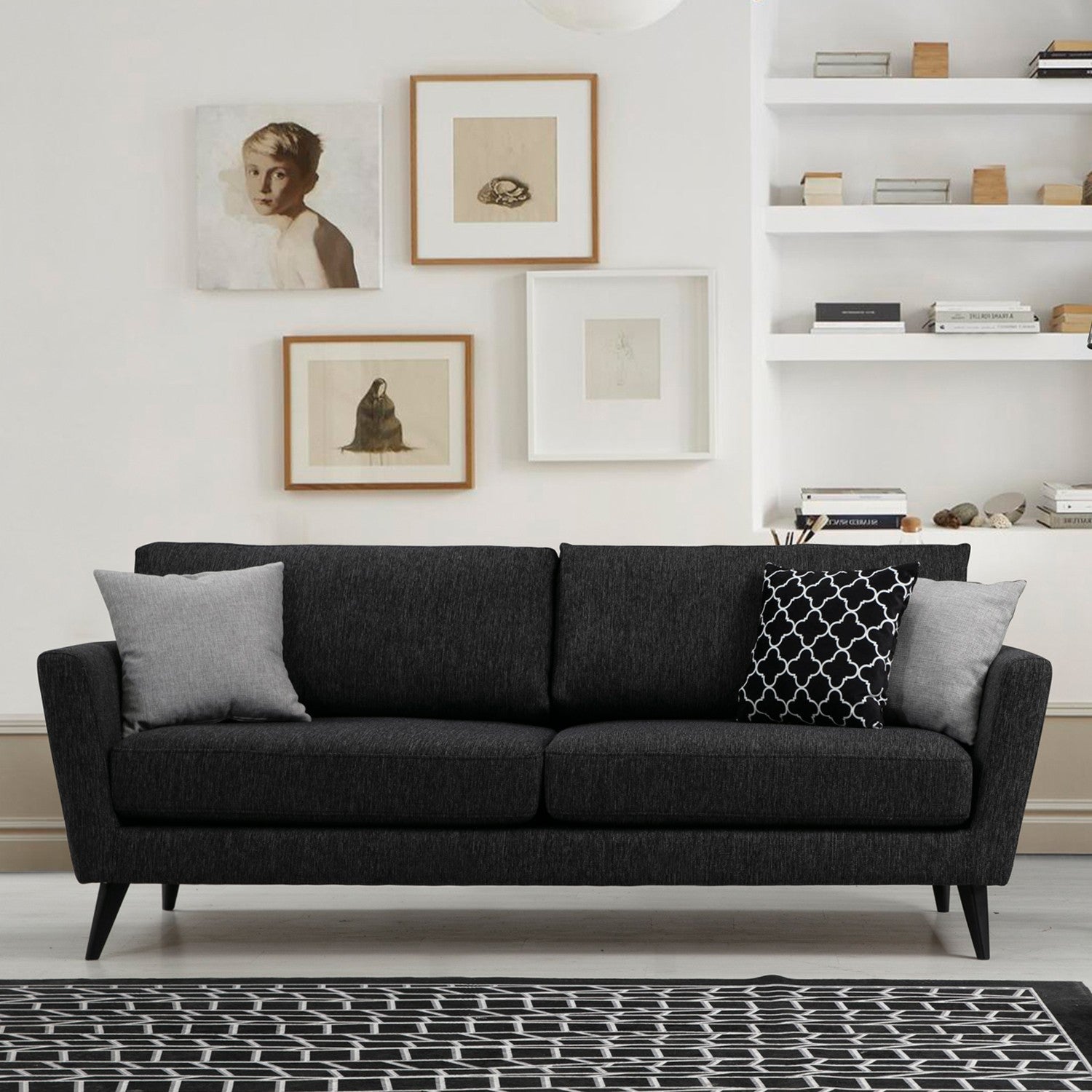 Sofá elegante de 3 lugares, cinza escuro, 215 x 94 x 88 cm | Estrutura em madeira de faia, 100% poliéster, almofadas de espuma macia | Perfeito para espaços modernos e industriais