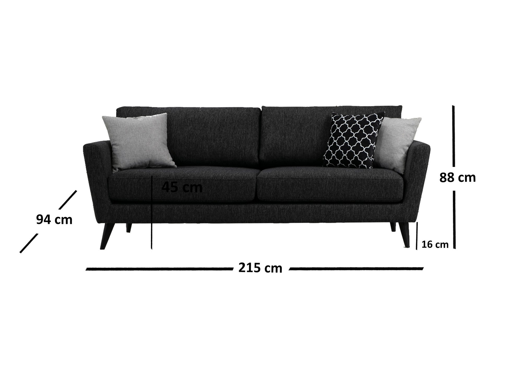 Sofá elegante de 3 lugares, cinza escuro, 215 x 94 x 88 cm | Estrutura em madeira de faia, 100% poliéster, almofadas de espuma macia | Perfeito para espaços modernos e industriais