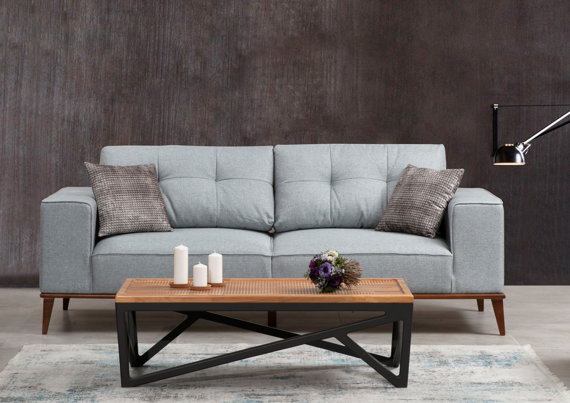 Sofá-cama elegante de 3 lugares, cinza, 223 x 91 x 85 cm | Estrutura em madeira de faia, 100% poliéster, encosto móvel, pernas em nogueira | Perfeito para espaços modernos