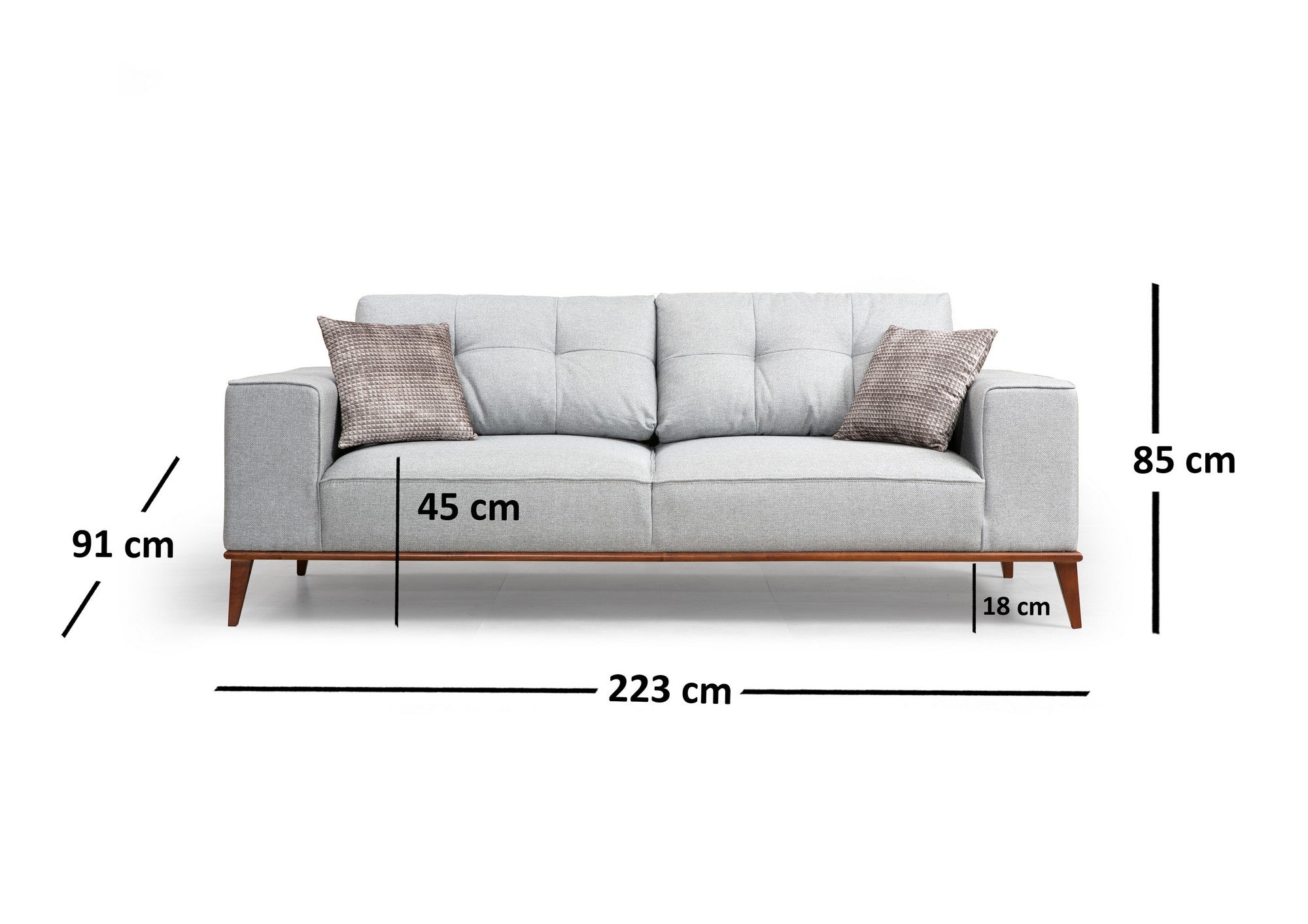 Sofá-cama elegante de 3 lugares, cinza, 223 x 91 x 85 cm | Estrutura em madeira de faia, 100% poliéster, encosto móvel, pernas em nogueira | Perfeito para espaços modernos