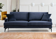 Sofá elegante de 3 lugares, azul-marinho, 205 x 90 x 88 cm | Estrutura em madeira de faia e aglomerado, espuma cinza macia, tecido lavável a seco, pernas de metal preto fosco | Perfeito para espaços modernos