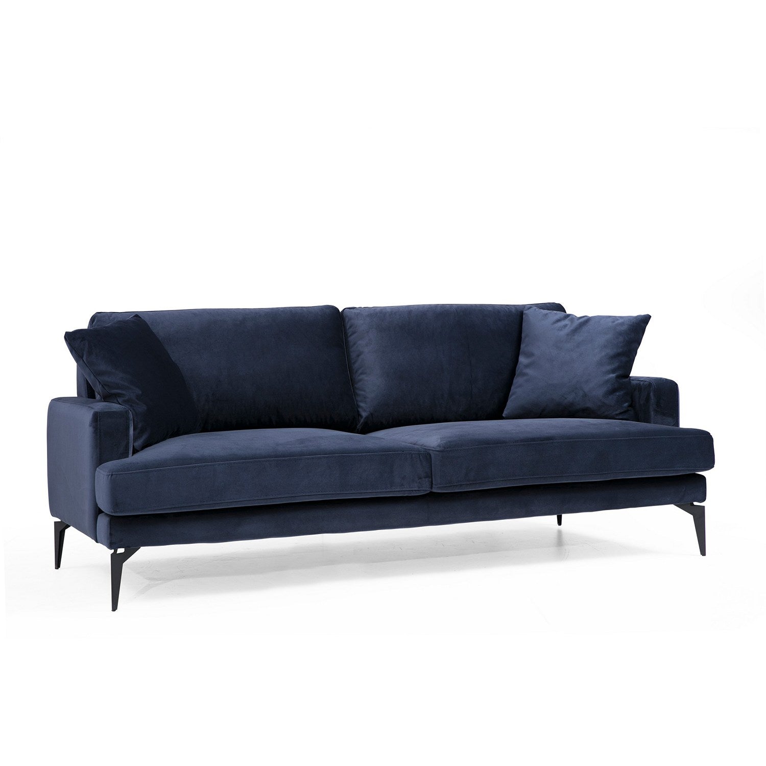 Sofá elegante de 3 lugares, azul-marinho, 205 x 90 x 88 cm | Estrutura em madeira de faia e aglomerado, espuma cinza macia, tecido lavável a seco, pernas de metal preto fosco | Perfeito para espaços modernos