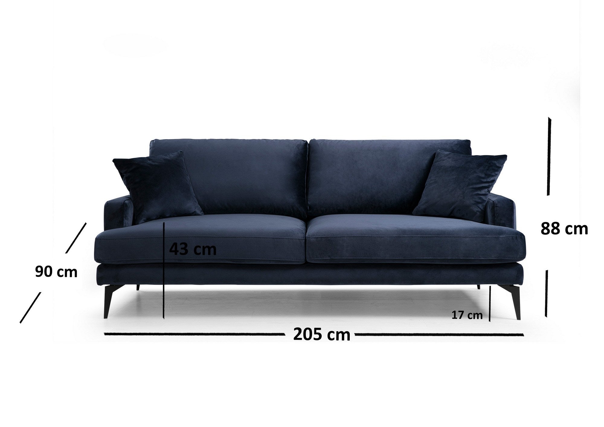 Sofá elegante de 3 lugares, azul-marinho, 205 x 90 x 88 cm | Estrutura em madeira de faia e aglomerado, espuma cinza macia, tecido lavável a seco, pernas de metal preto fosco | Perfeito para espaços modernos