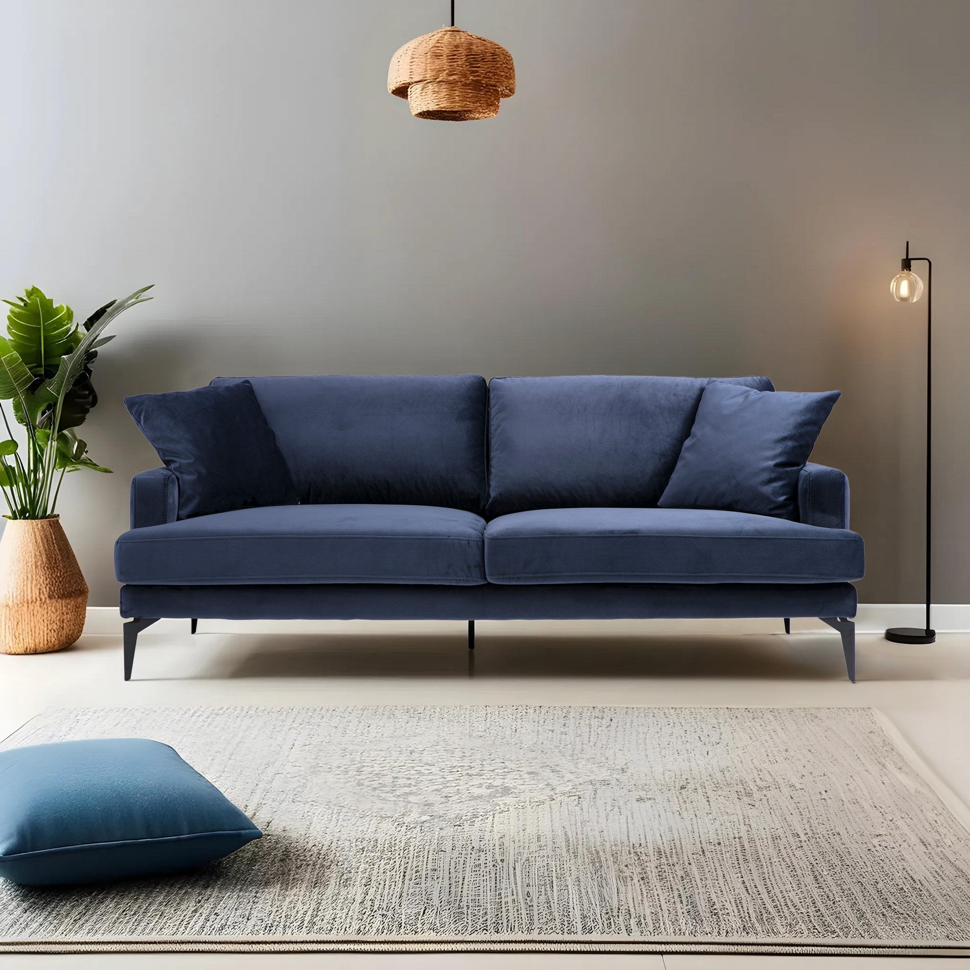 Sofá elegante de 3 lugares, azul-marinho, 205 x 90 x 88 cm | Estrutura em madeira de faia e aglomerado, espuma cinza macia, tecido lavável a seco, pernas de metal preto fosco | Perfeito para espaços modernos