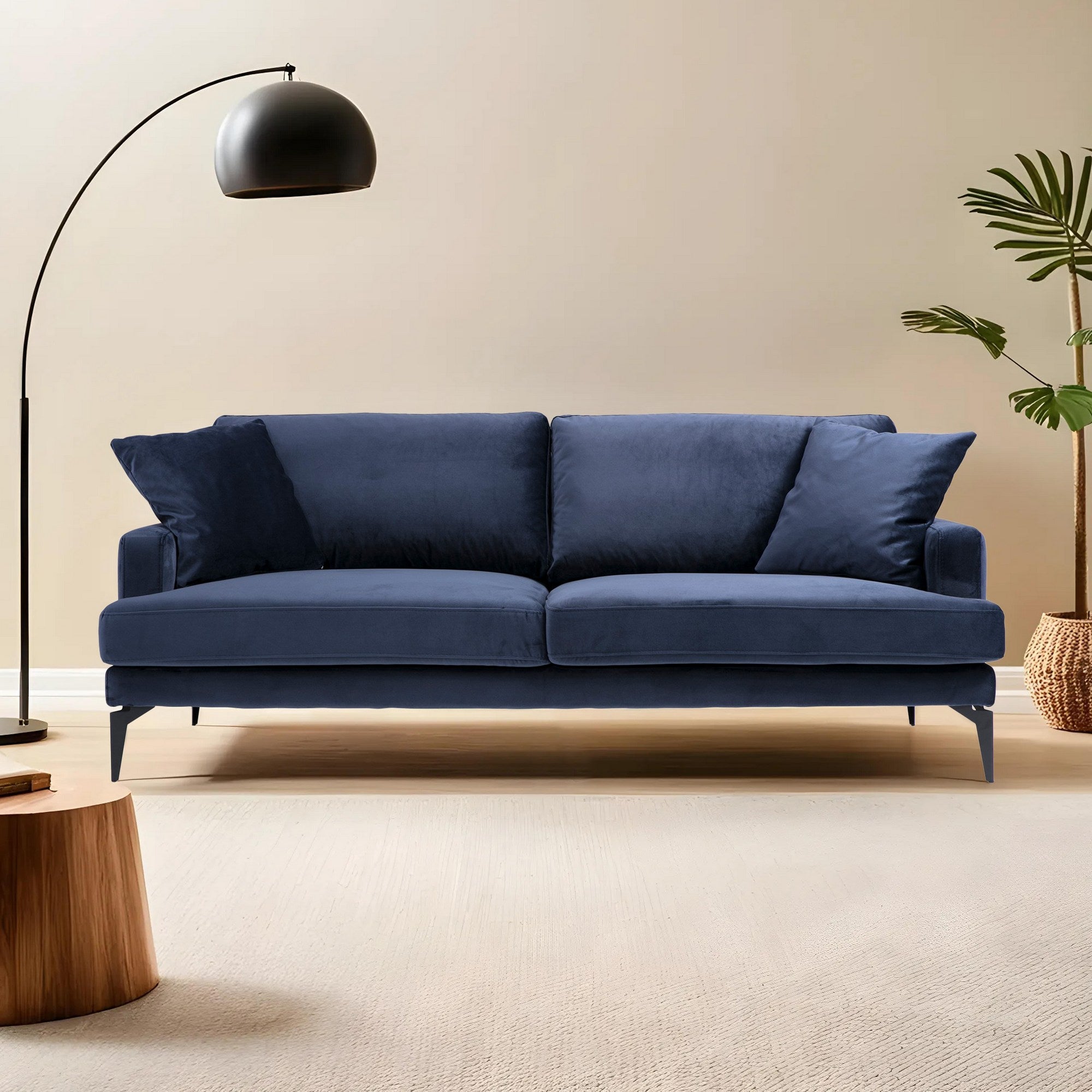 Sofá elegante de 3 lugares, azul-marinho, 205 x 90 x 88 cm | Estrutura em madeira de faia e aglomerado, espuma cinza macia, tecido lavável a seco, pernas de metal preto fosco | Perfeito para espaços modernos