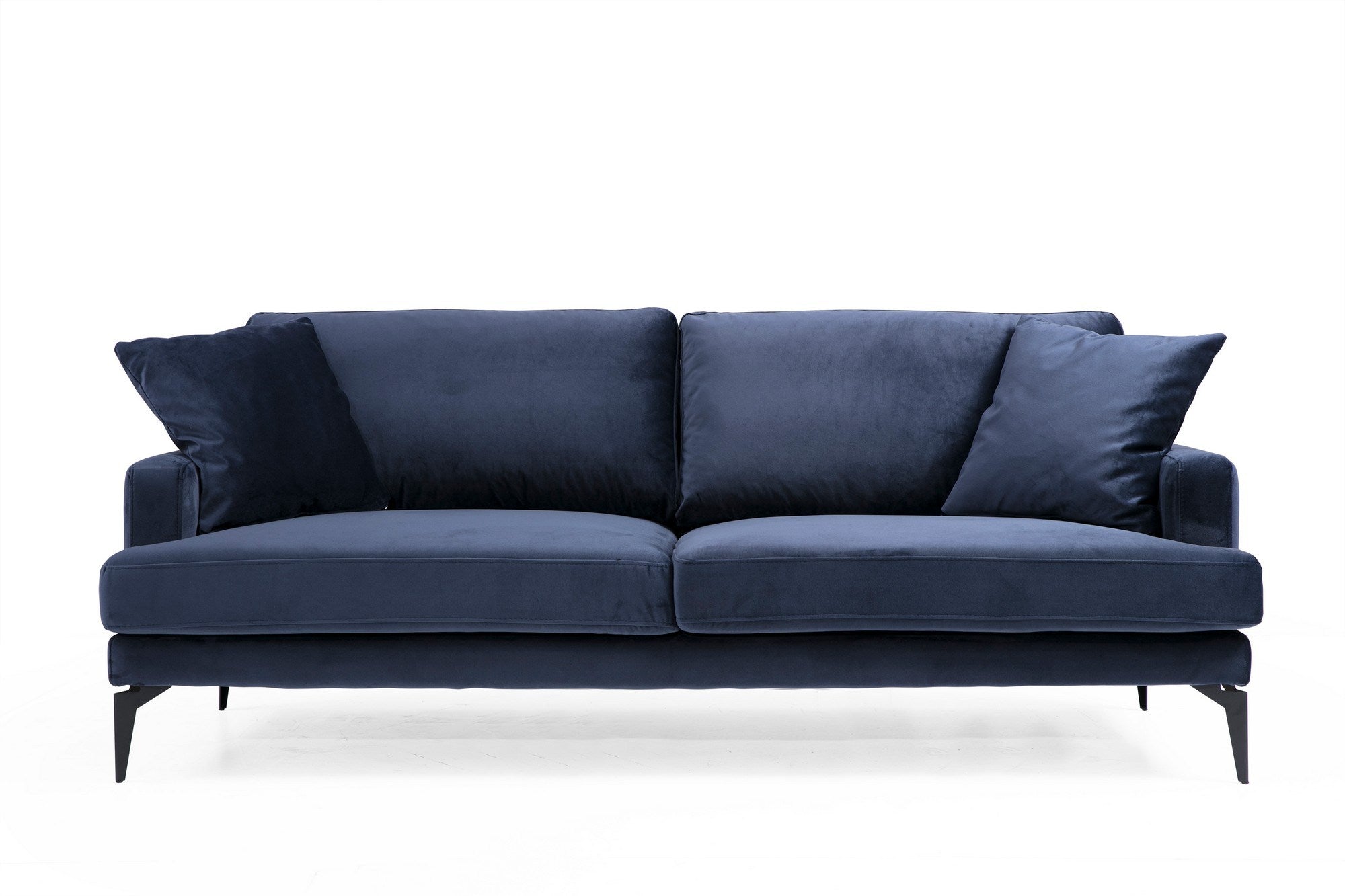 Sofá elegante de 3 lugares, azul-marinho, 205 x 90 x 88 cm | Estrutura em madeira de faia e aglomerado, espuma cinza macia, tecido lavável a seco, pernas de metal preto fosco | Perfeito para espaços modernos