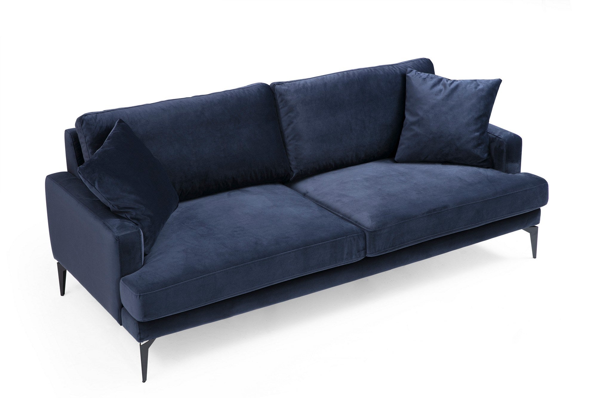 Sofá elegante de 3 lugares, azul-marinho, 205 x 90 x 88 cm | Estrutura em madeira de faia e aglomerado, espuma cinza macia, tecido lavável a seco, pernas de metal preto fosco | Perfeito para espaços modernos