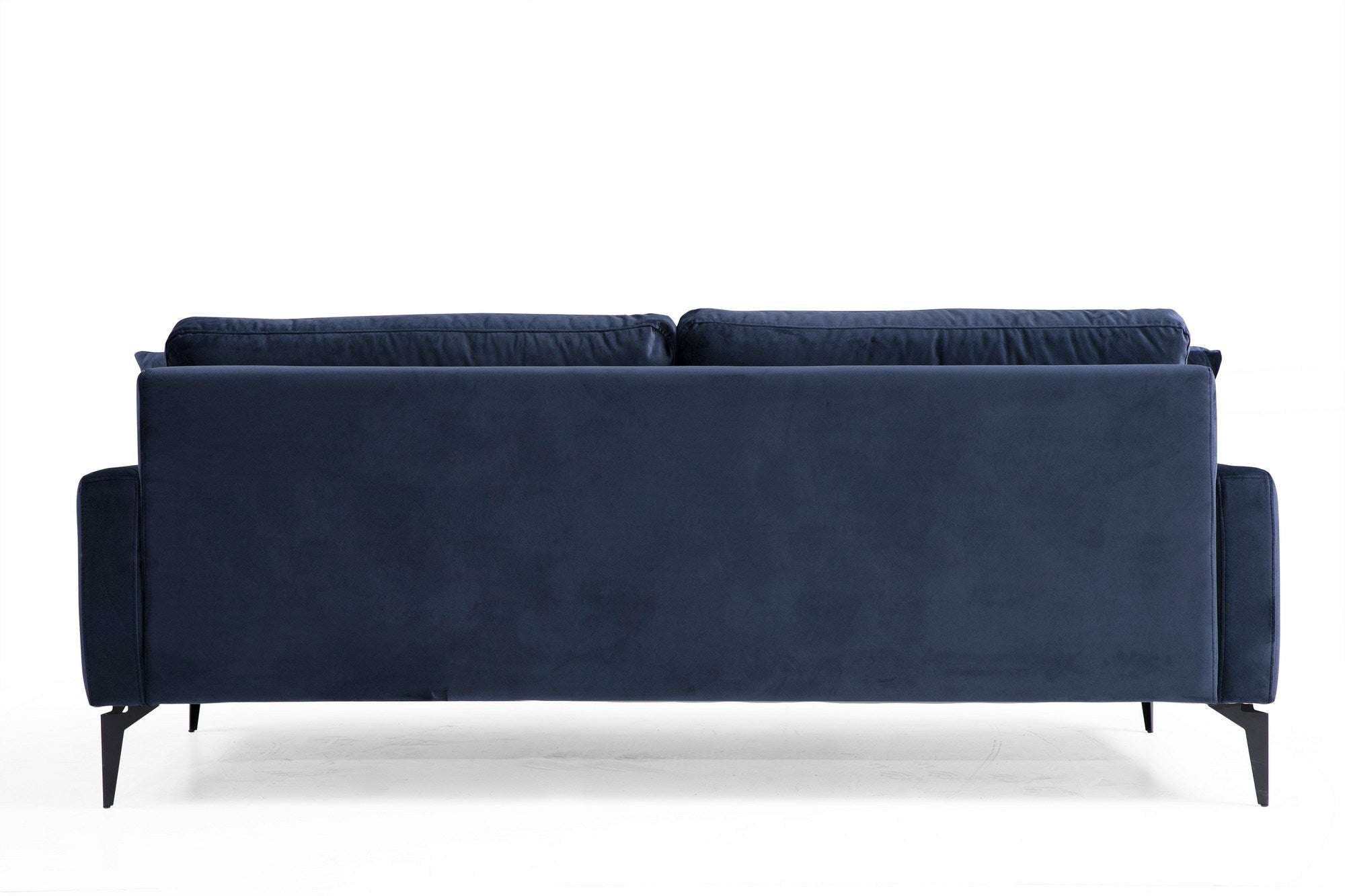 Sofá elegante de 3 lugares, azul-marinho, 205 x 90 x 88 cm | Estrutura em madeira de faia e aglomerado, espuma cinza macia, tecido lavável a seco, pernas de metal preto fosco | Perfeito para espaços modernos