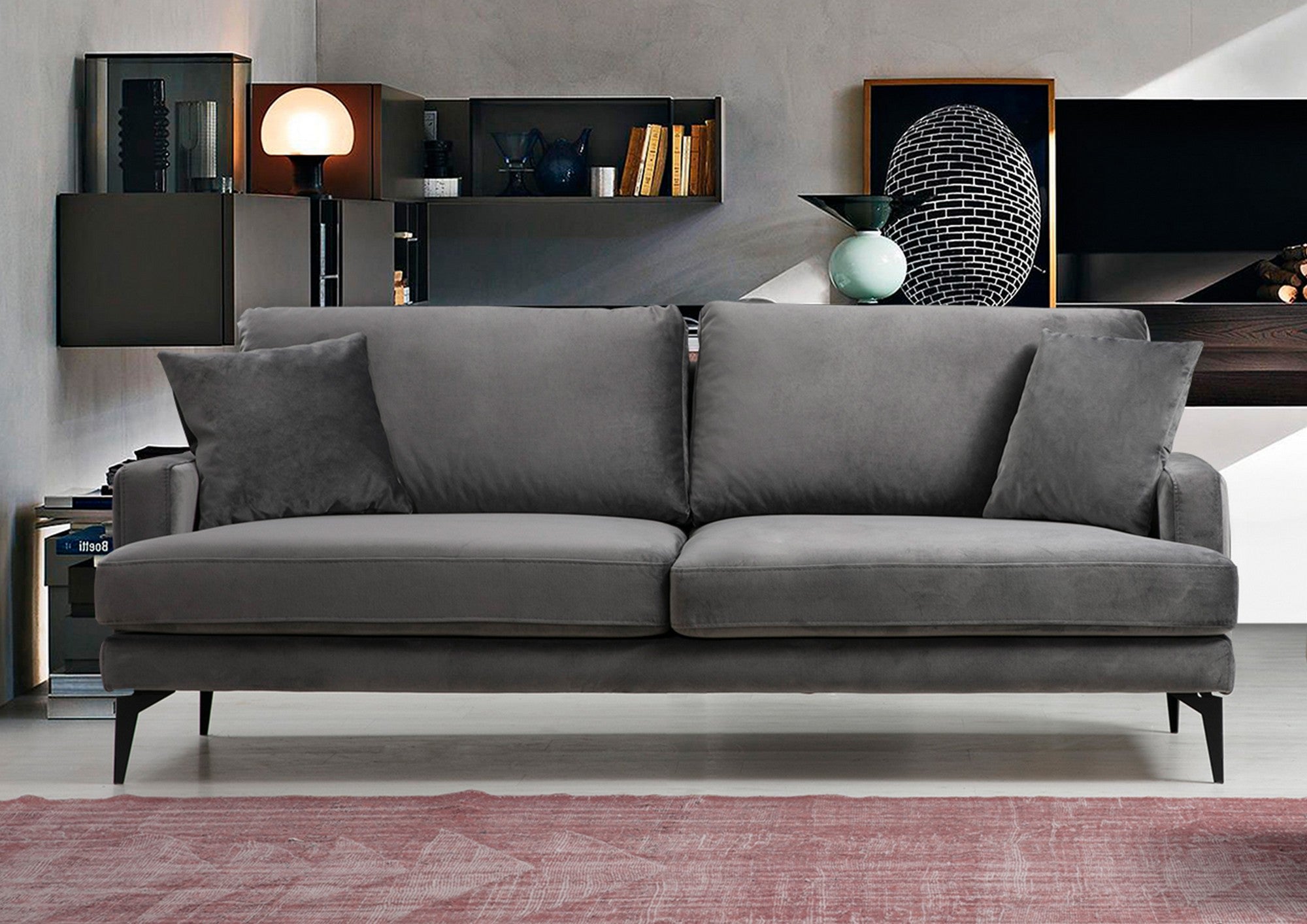 Sofá elegante de 3 lugares, tecido cinza, 205 x 90 x 88 cm | Estrutura em madeira de faia e aglomerado, almofadas de espuma macia, pernas de metal preto fosco | Perfeito para espaços modernos