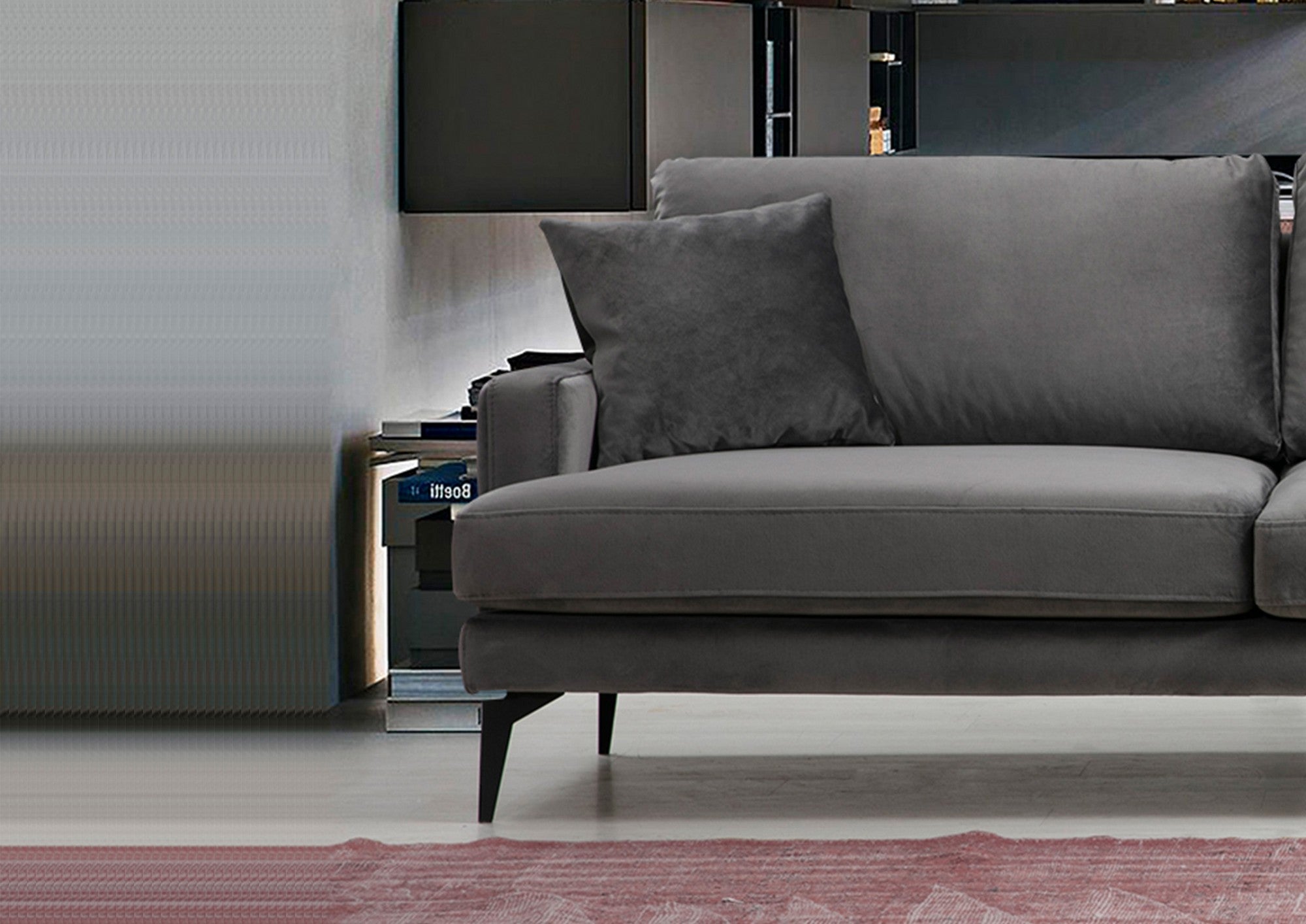 Sofá elegante de 3 lugares, tecido cinza, 205 x 90 x 88 cm | Estrutura em madeira de faia e aglomerado, almofadas de espuma macia, pernas de metal preto fosco | Perfeito para espaços modernos