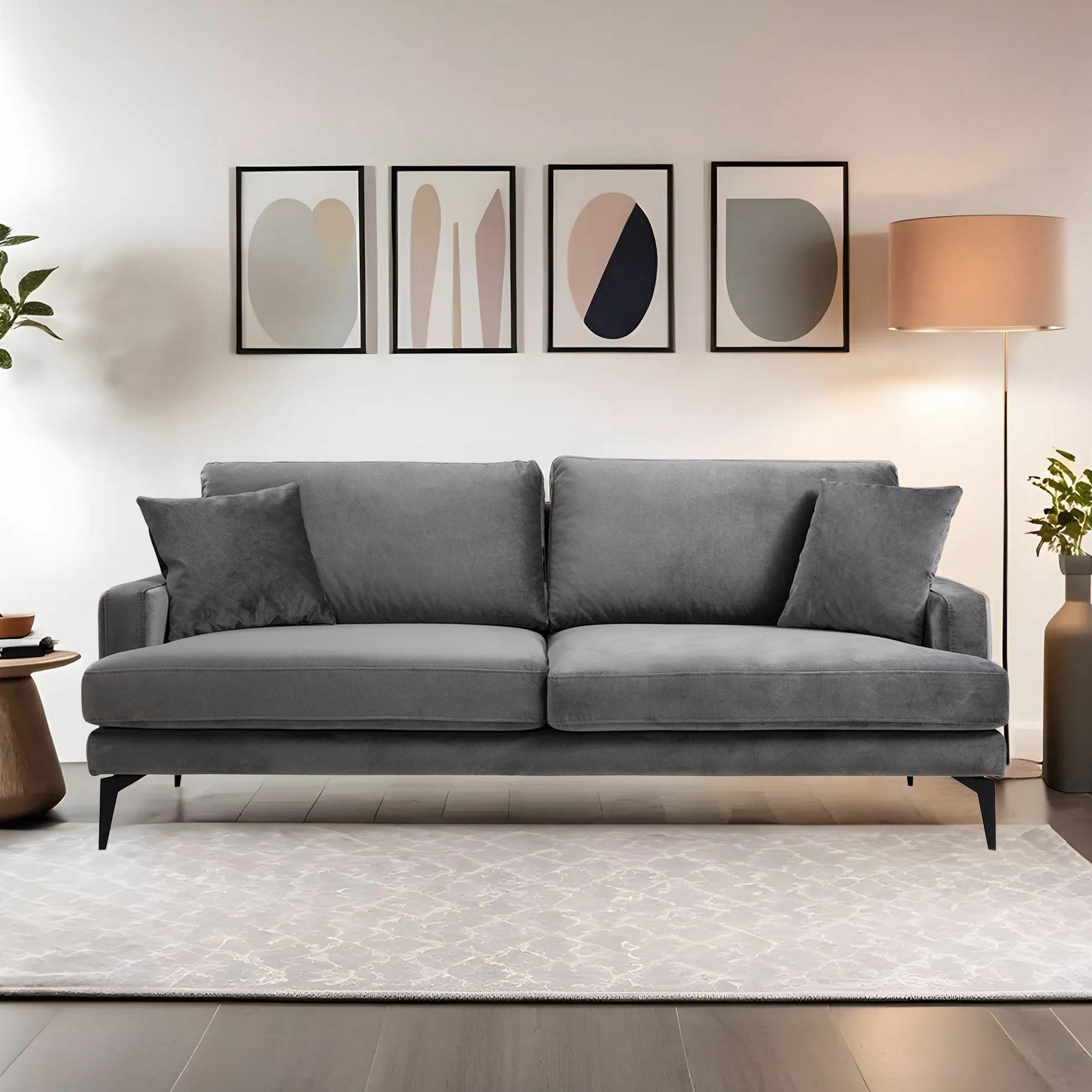 Sofá elegante de 3 lugares, tecido cinza, 205 x 90 x 88 cm | Estrutura em madeira de faia e aglomerado, almofadas de espuma macia, pernas de metal preto fosco | Perfeito para espaços modernos