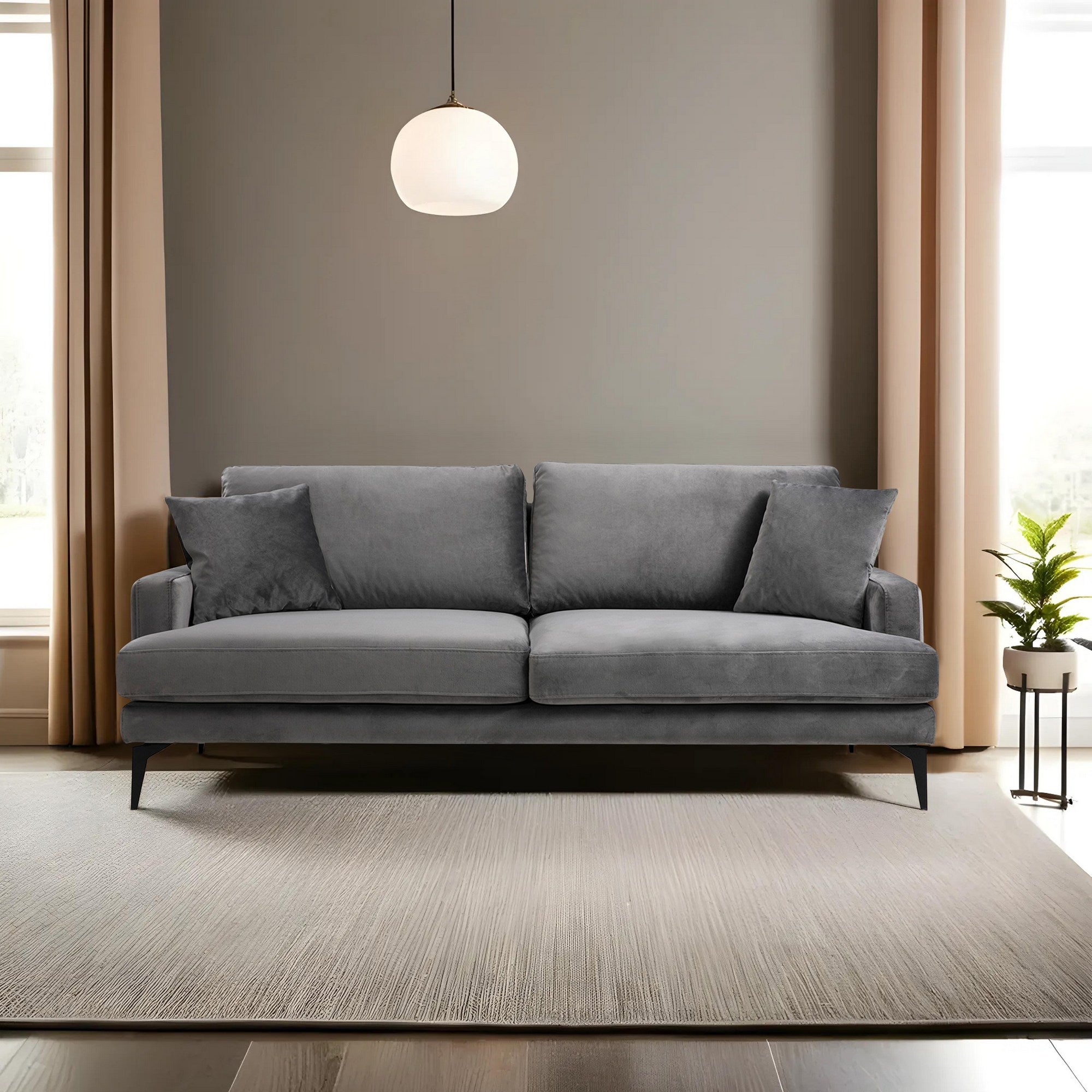 Sofá elegante de 3 lugares, tecido cinza, 205 x 90 x 88 cm | Estrutura em madeira de faia e aglomerado, almofadas de espuma macia, pernas de metal preto fosco | Perfeito para espaços modernos