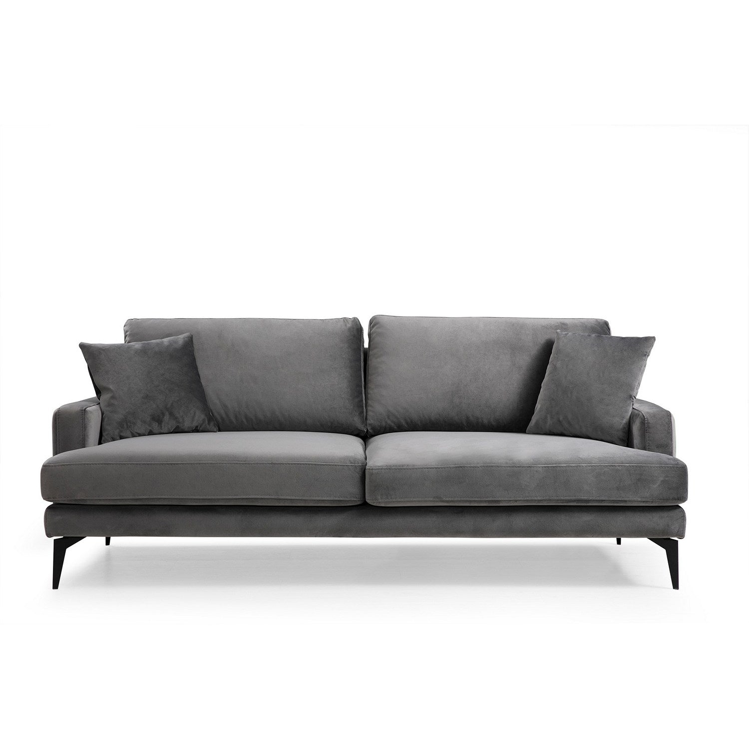 Sofá elegante de 3 lugares, tecido cinza, 205 x 90 x 88 cm | Estrutura em madeira de faia e aglomerado, almofadas de espuma macia, pernas de metal preto fosco | Perfeito para espaços modernos