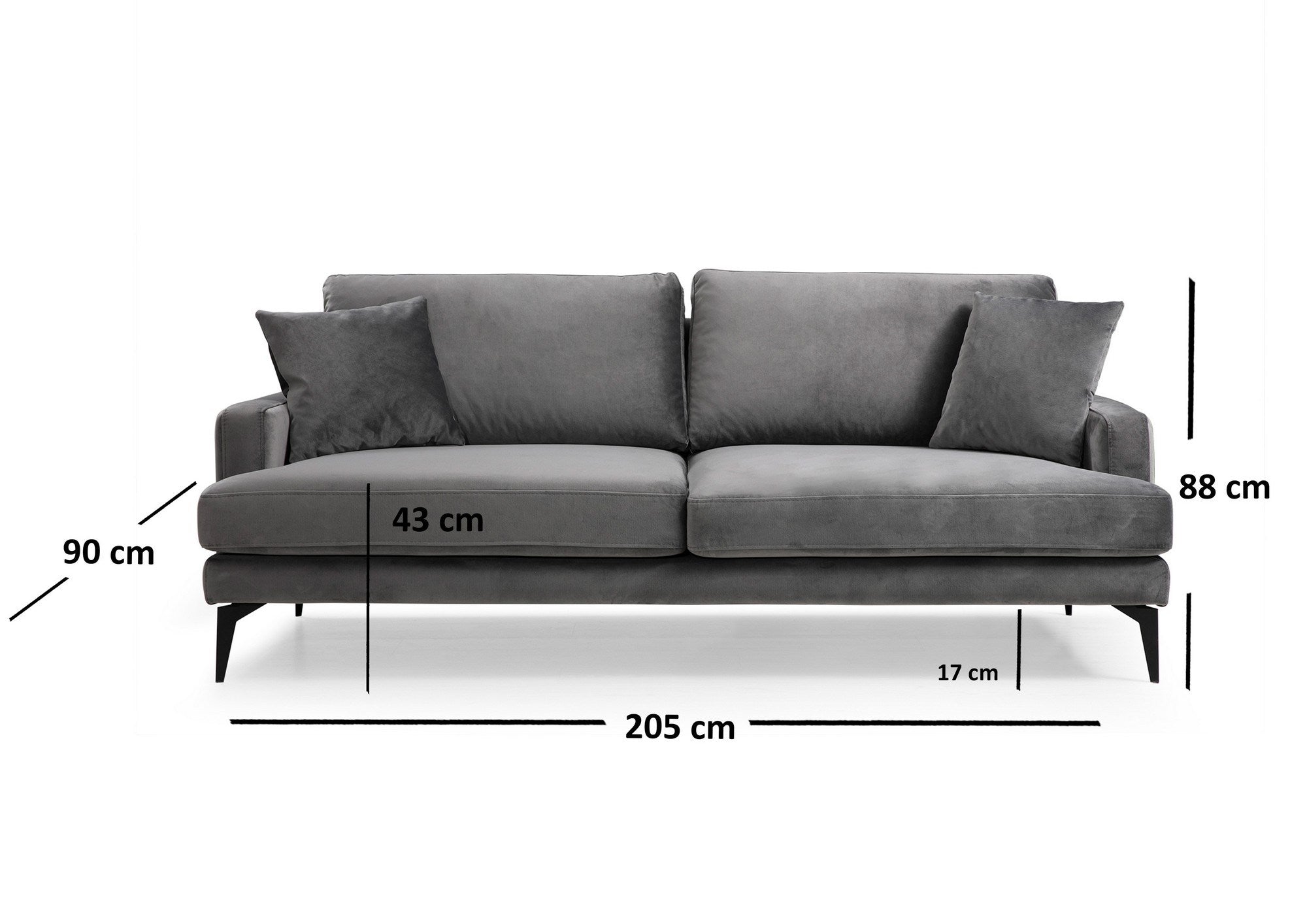 Sofá elegante de 3 lugares, tecido cinza, 205 x 90 x 88 cm | Estrutura em madeira de faia e aglomerado, almofadas de espuma macia, pernas de metal preto fosco | Perfeito para espaços modernos