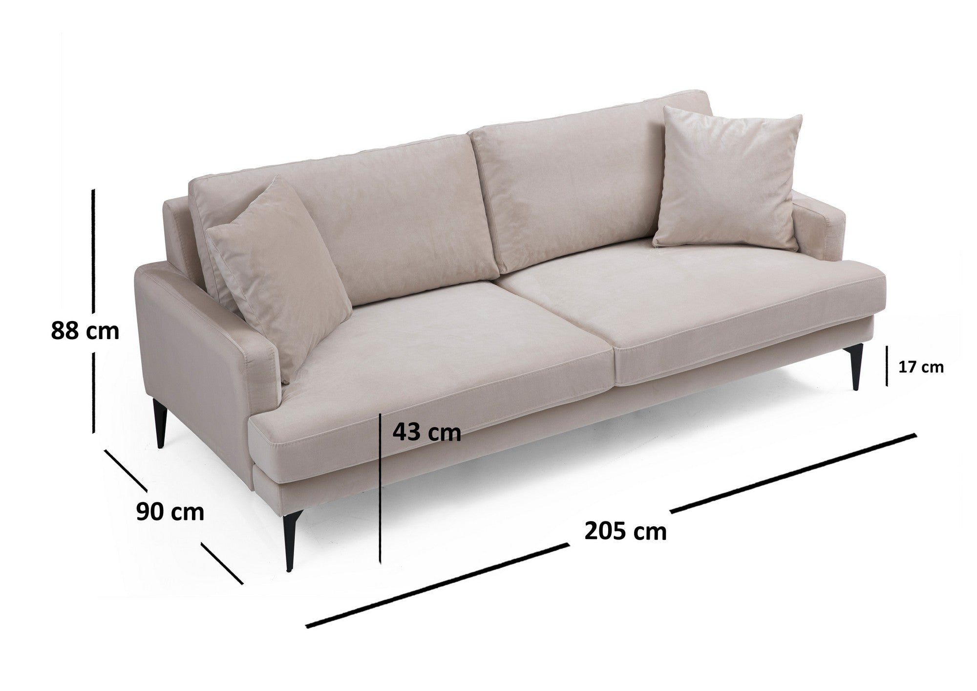 Sofá elegante de 3 lugares, bege, 205 x 90 x 88 cm | Estrutura em madeira de faia, 100% poliéster, espuma cinza macia | Elegante e funcional para espaços modernos