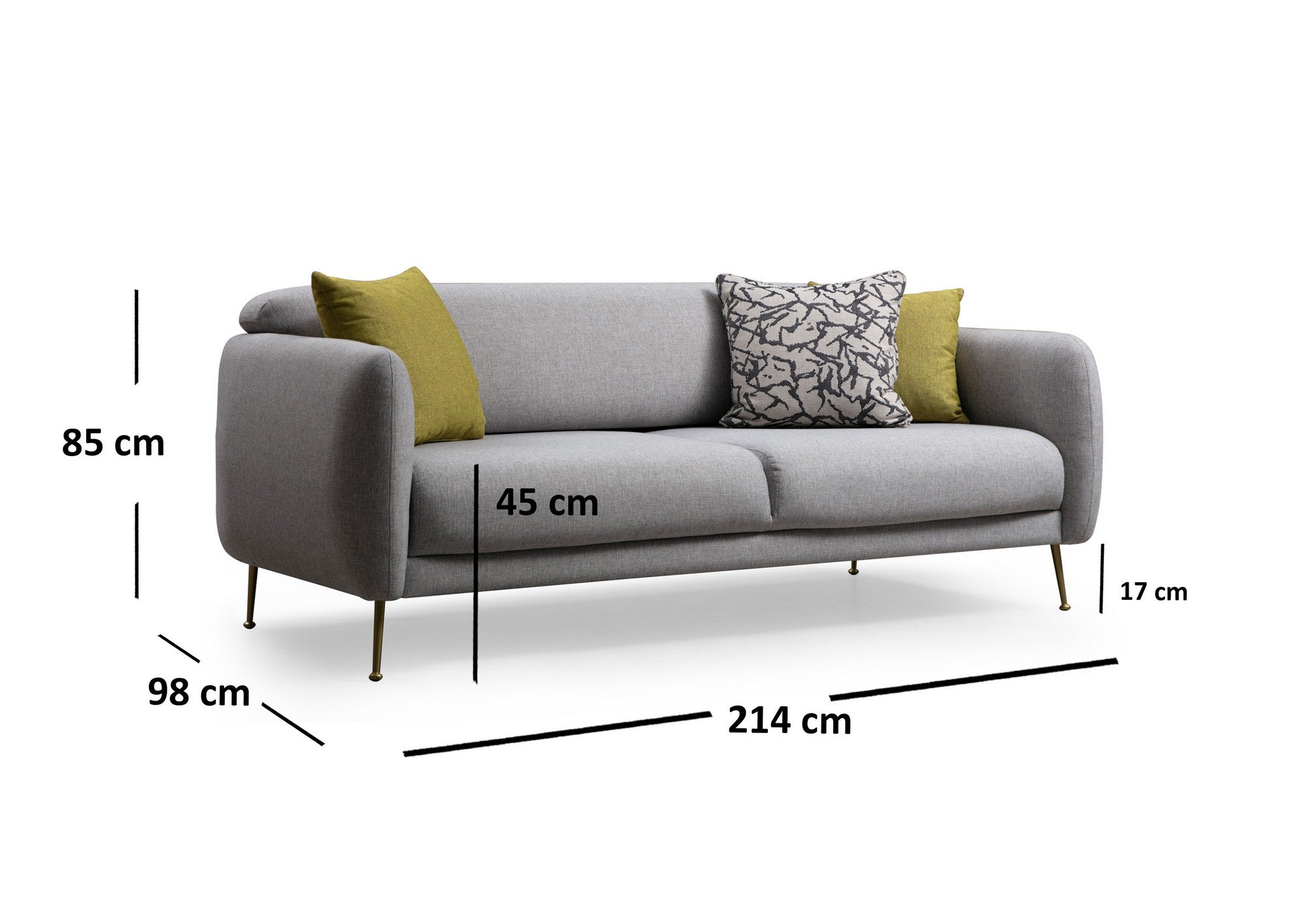 Sofá-cama elegante de 3 lugares, cinza, 214 x 98 x 85 cm | Estrutura em madeira de faia, 100% poliéster, espuma macia, pernas pretas foscas | Perfeito para espaços modernos