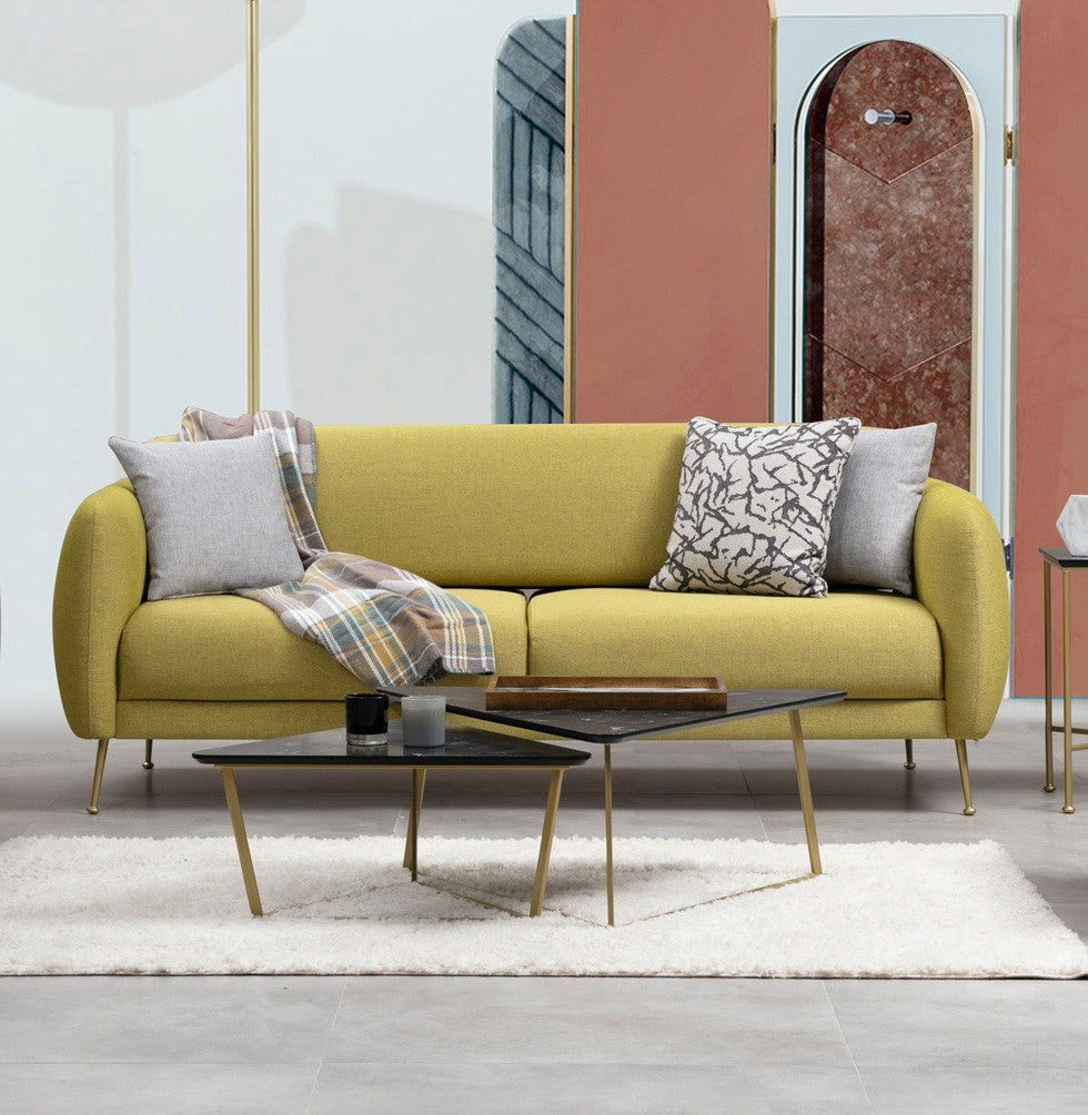 Sofá-cama elegante de 3 lugares, amarelo, 214 x 98 x 85 cm | Estrutura em madeira de faia, 100% poliéster, espuma cinza macia | Perfeito para decoração glamorosa e escandinava
